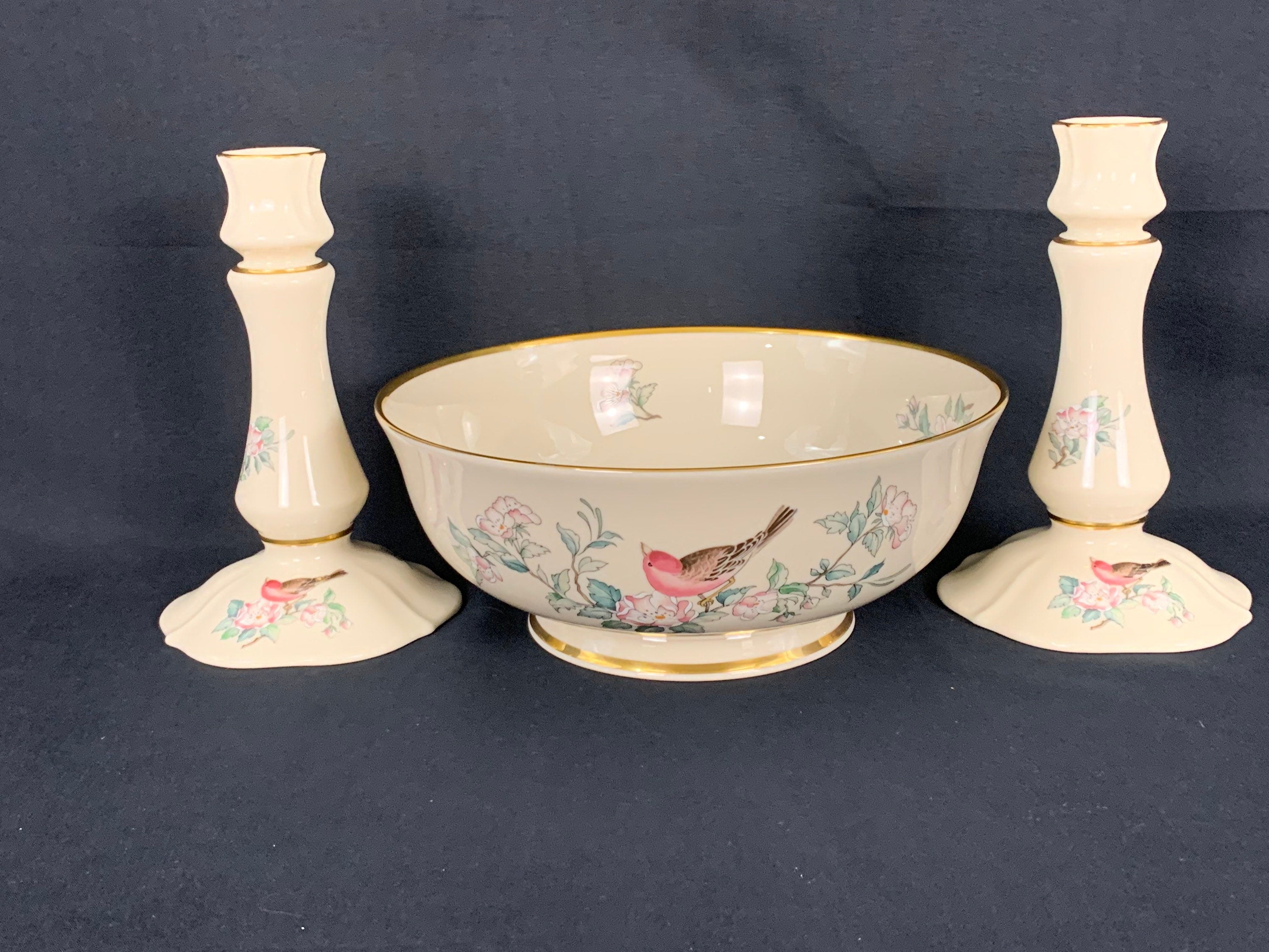 Lenox Serenade Large Serving Bowl and Matching Candlesticks