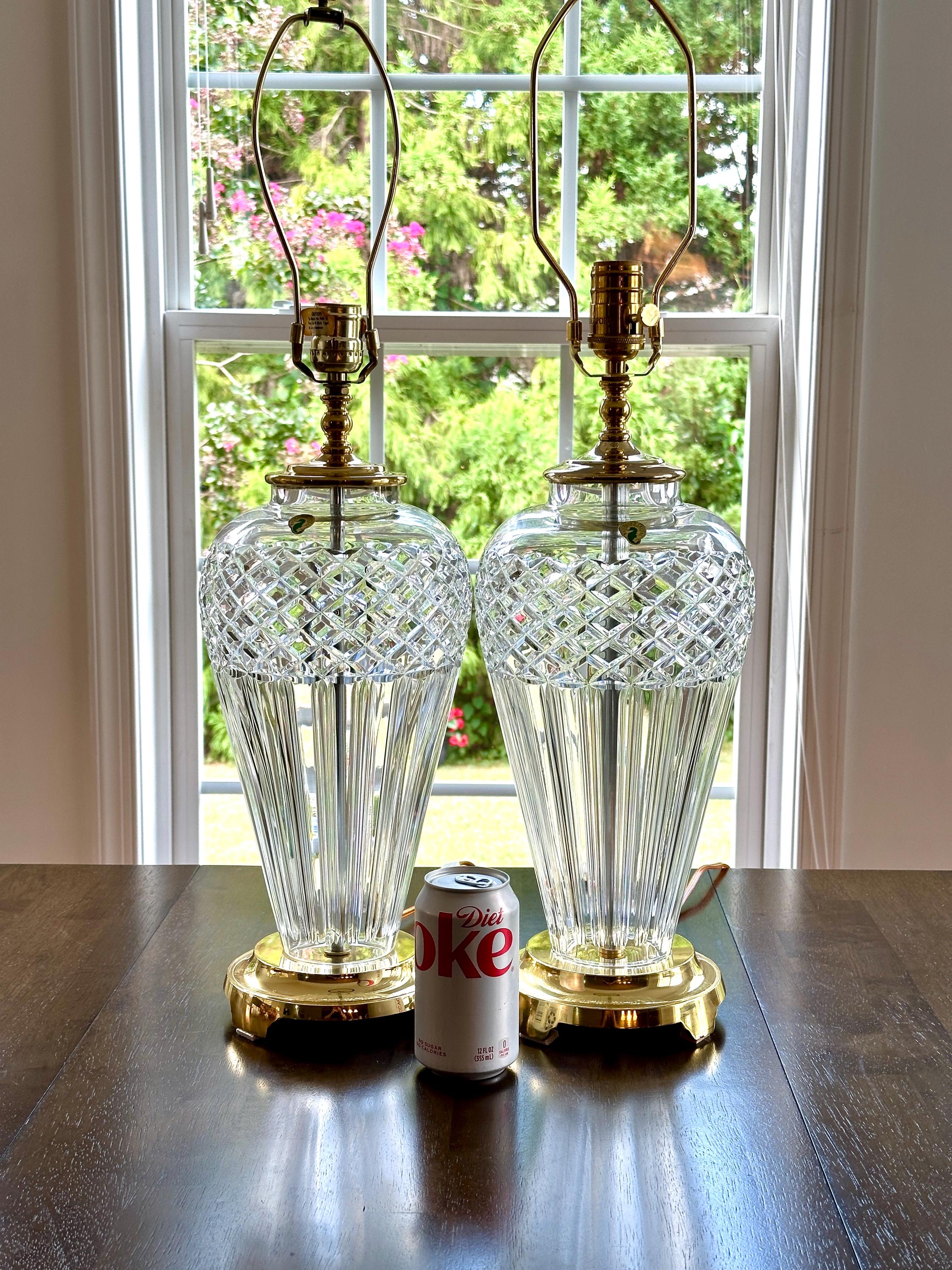 Pair of Waterford Belline Crystal and Brass Tall Lamps 30”