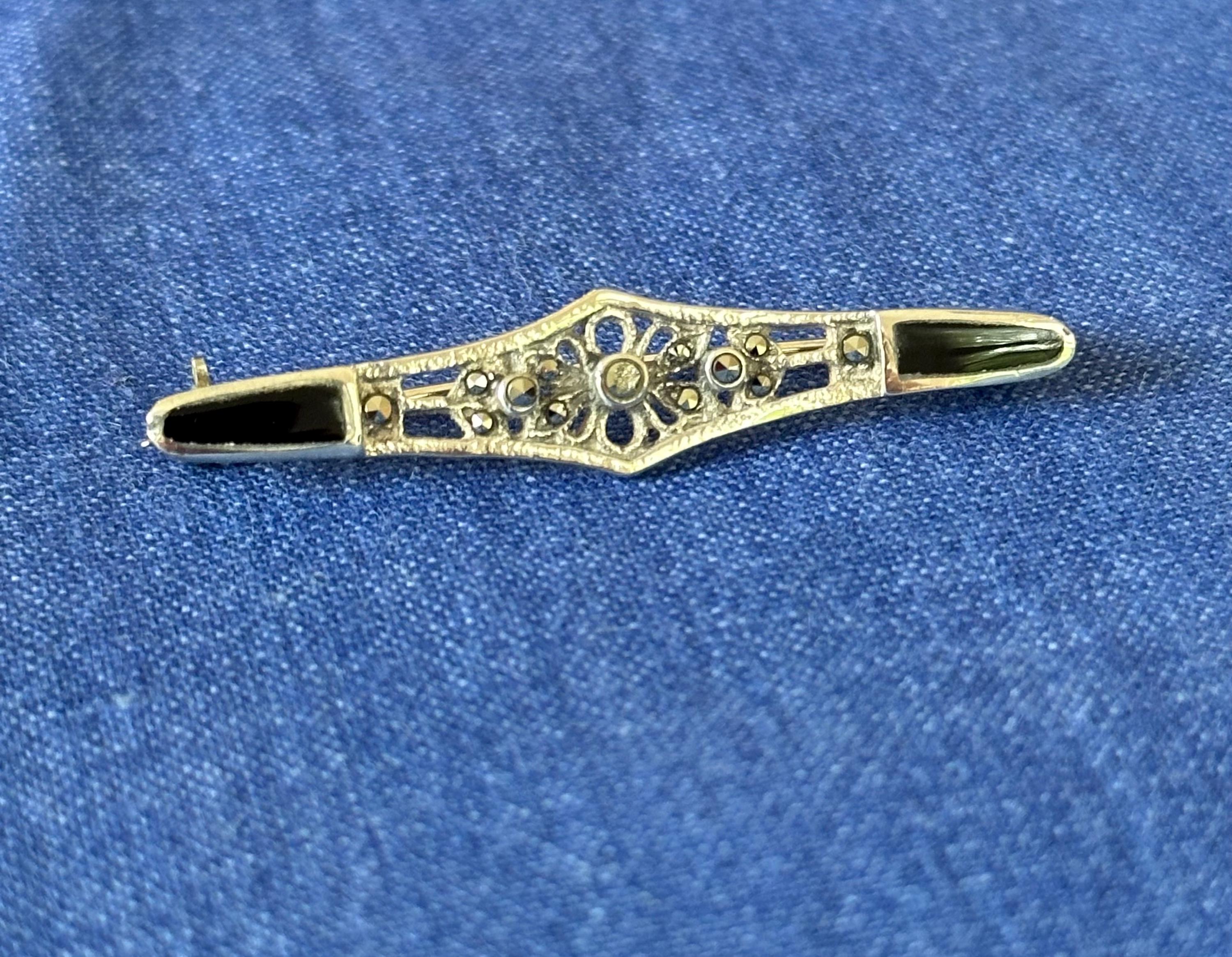 Antique Sterling and Oynx Marcasite Brooch Pin