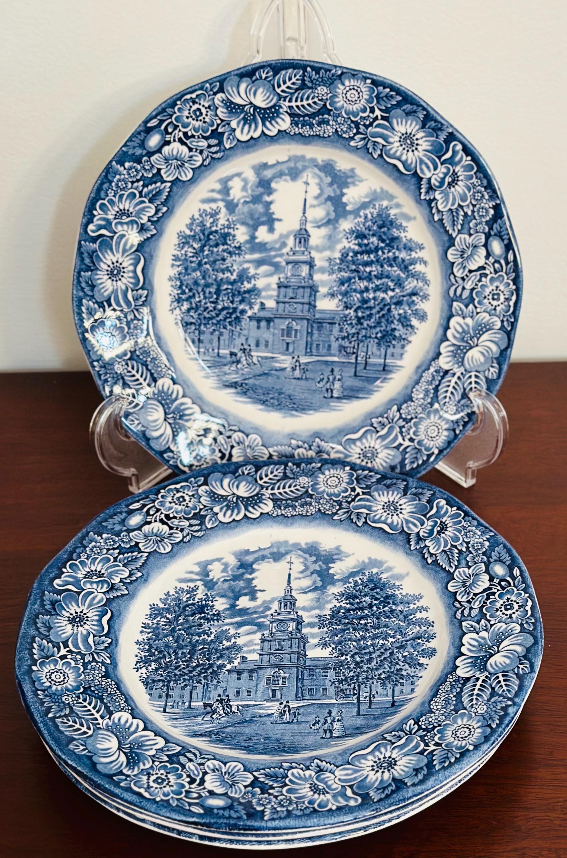 Four Liberty Blue Ironstone Dinner Plates