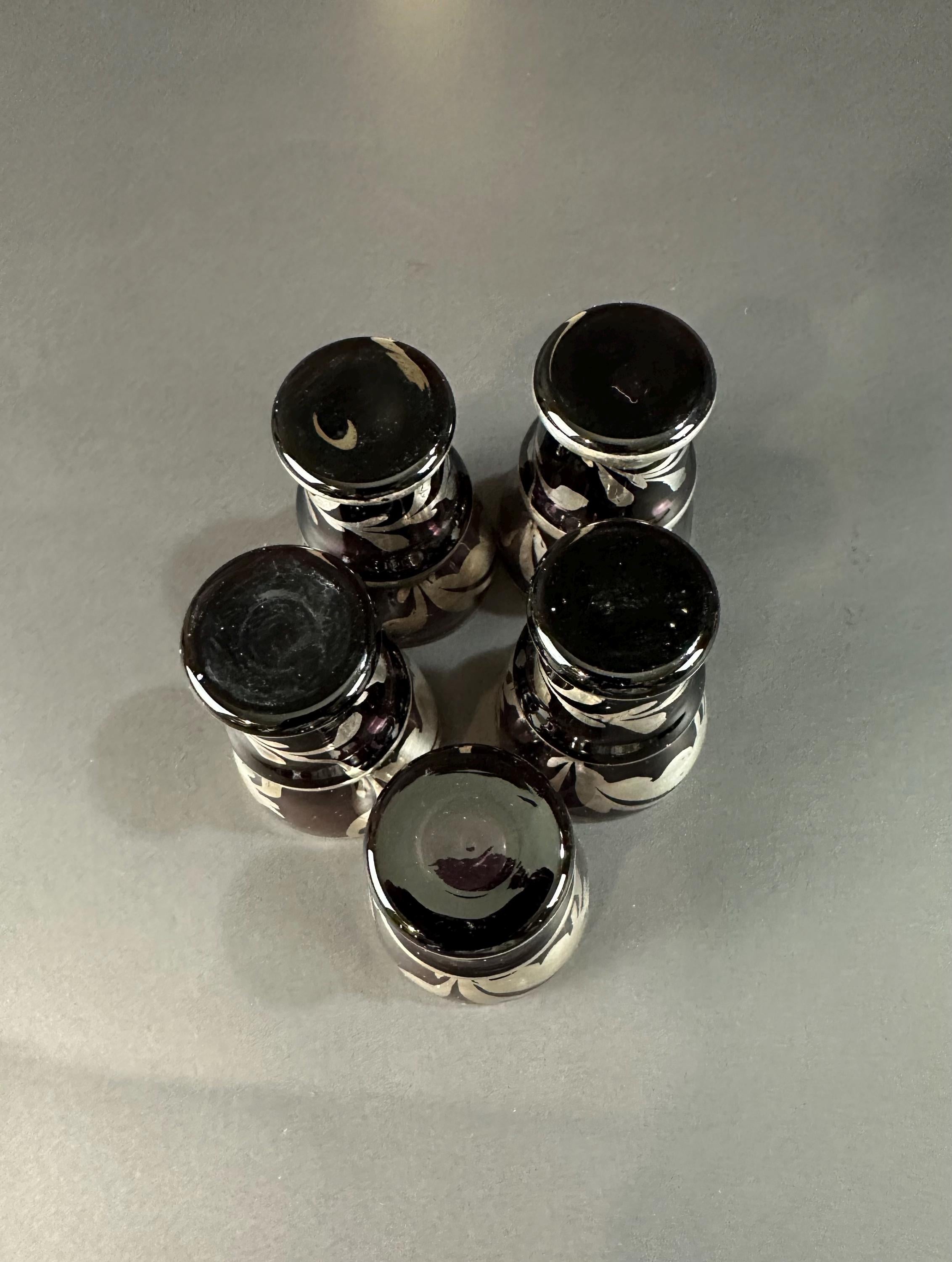 Five Amethyst Aparitif Glasses With Silver Overlay