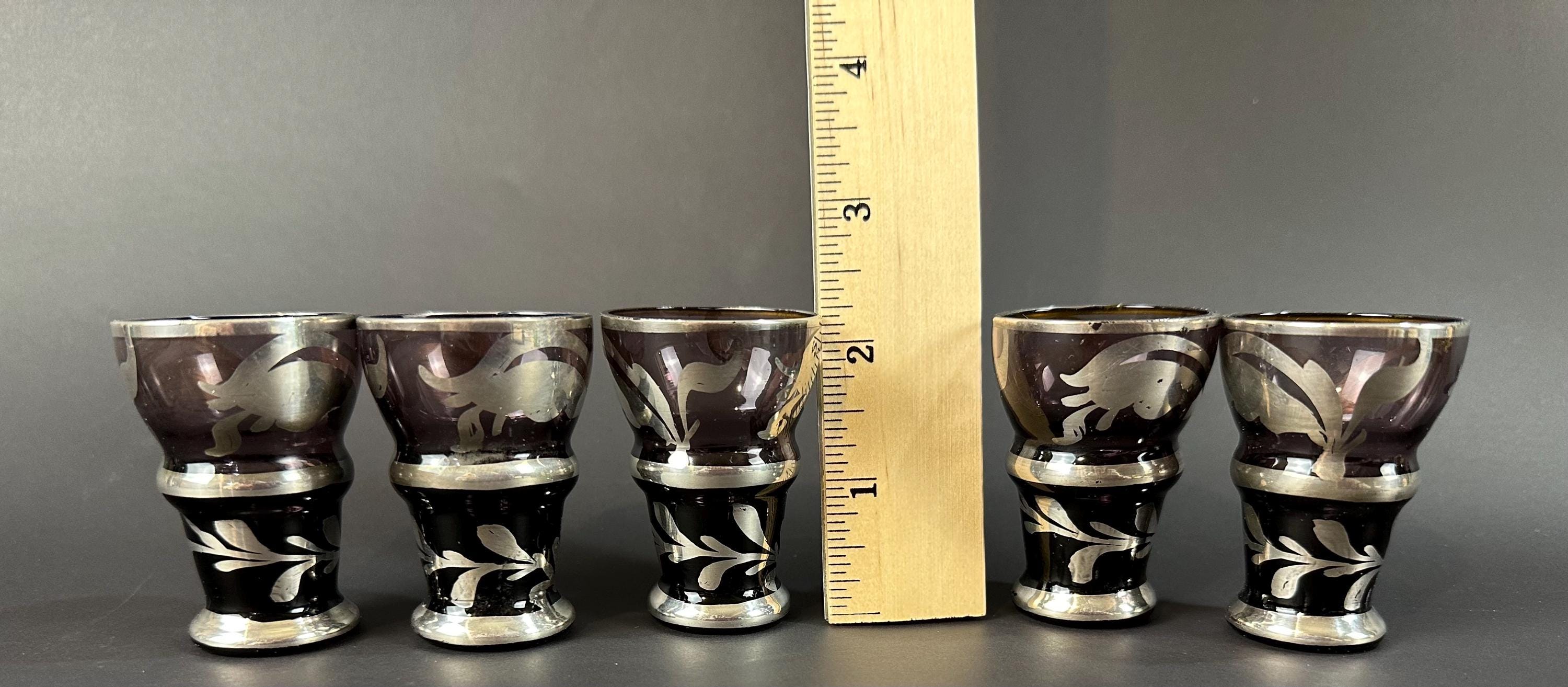 Five Amethyst Aparitif Glasses With Silver Overlay
