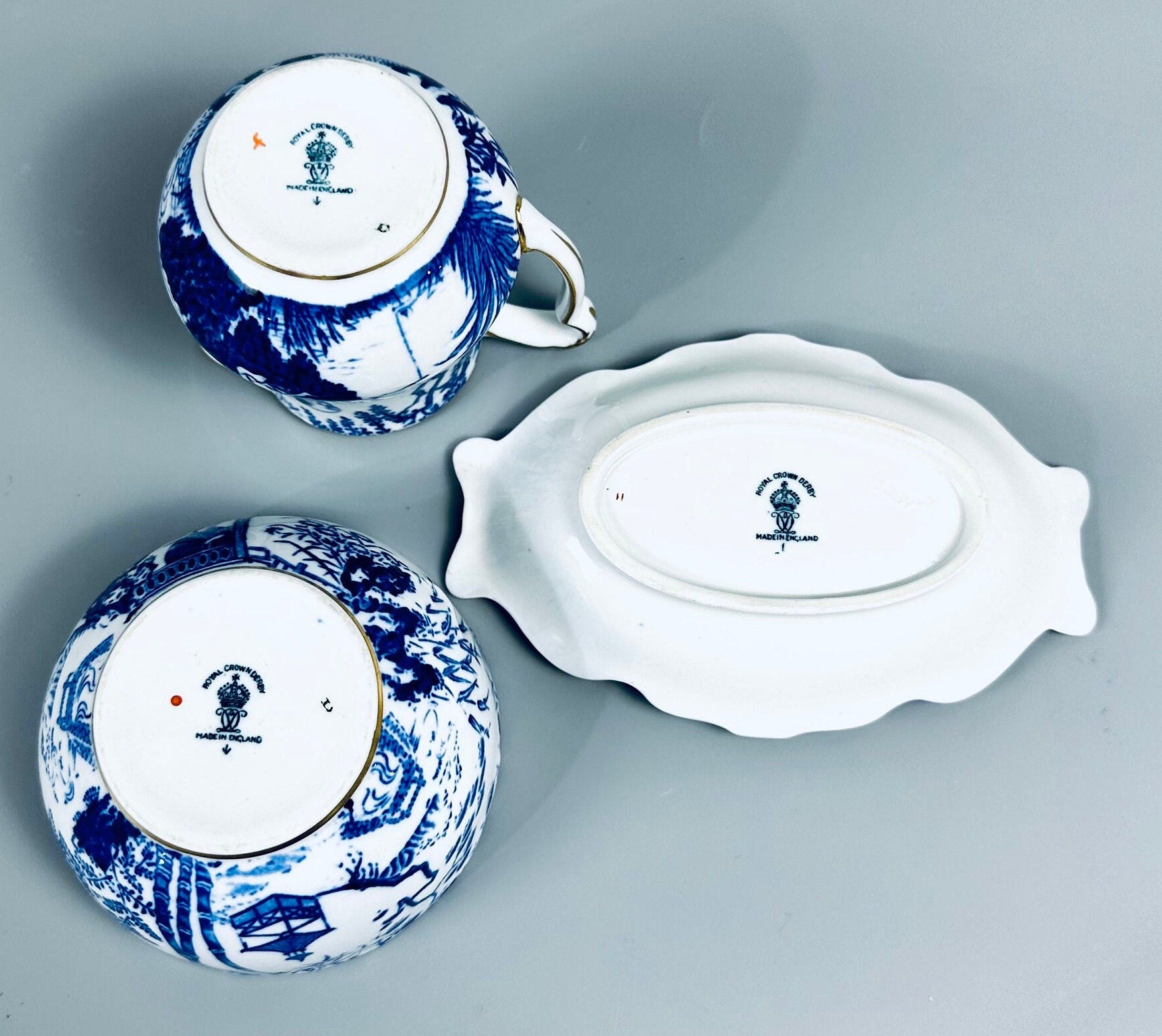 Blue Mikado By Royal Crown Derby Creamer, Sugar Bowl and Teaspoon Rest