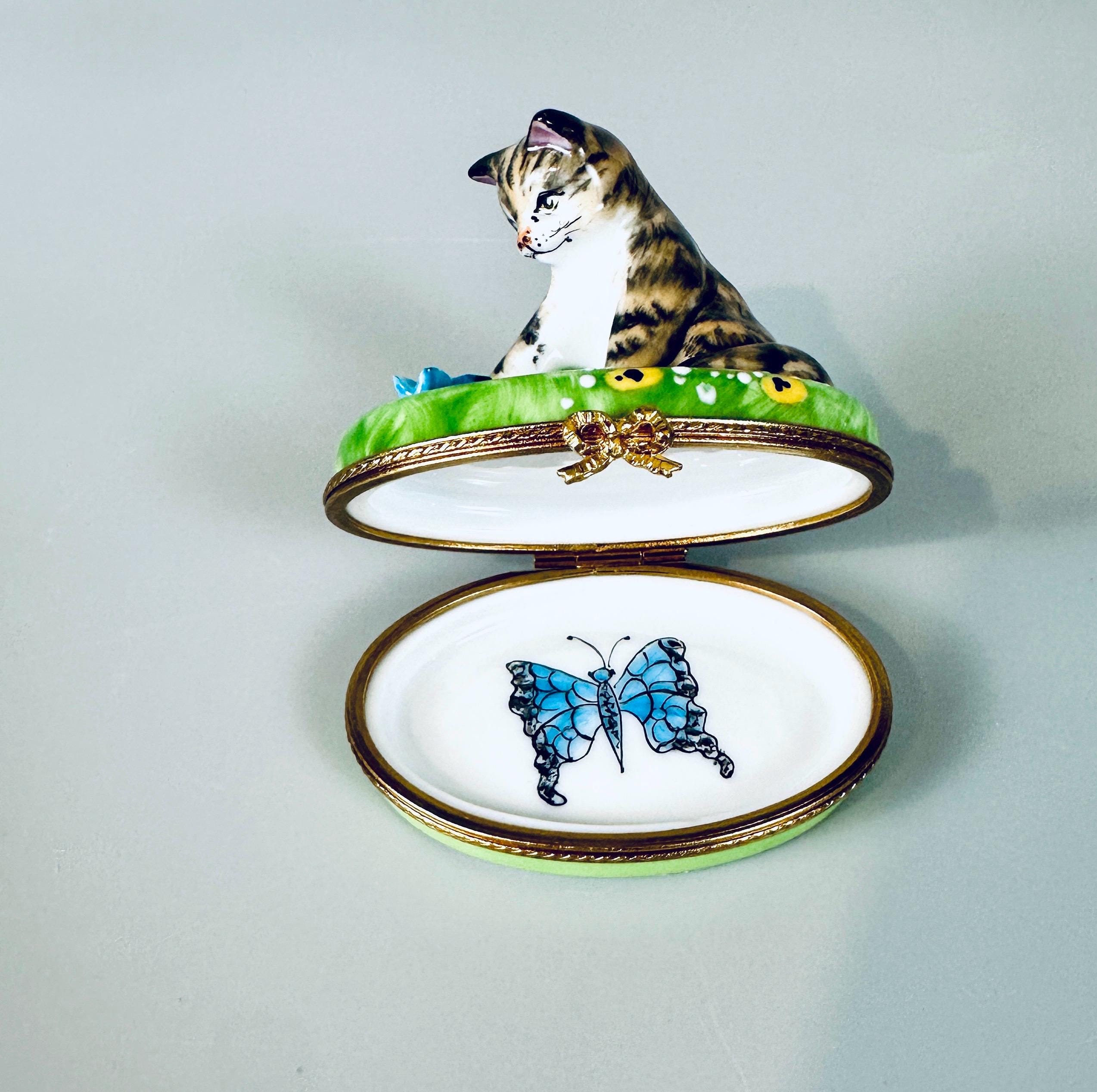 Limoges Trinket Box by Porcelaine Pierre Arguie Cat with Butterfly