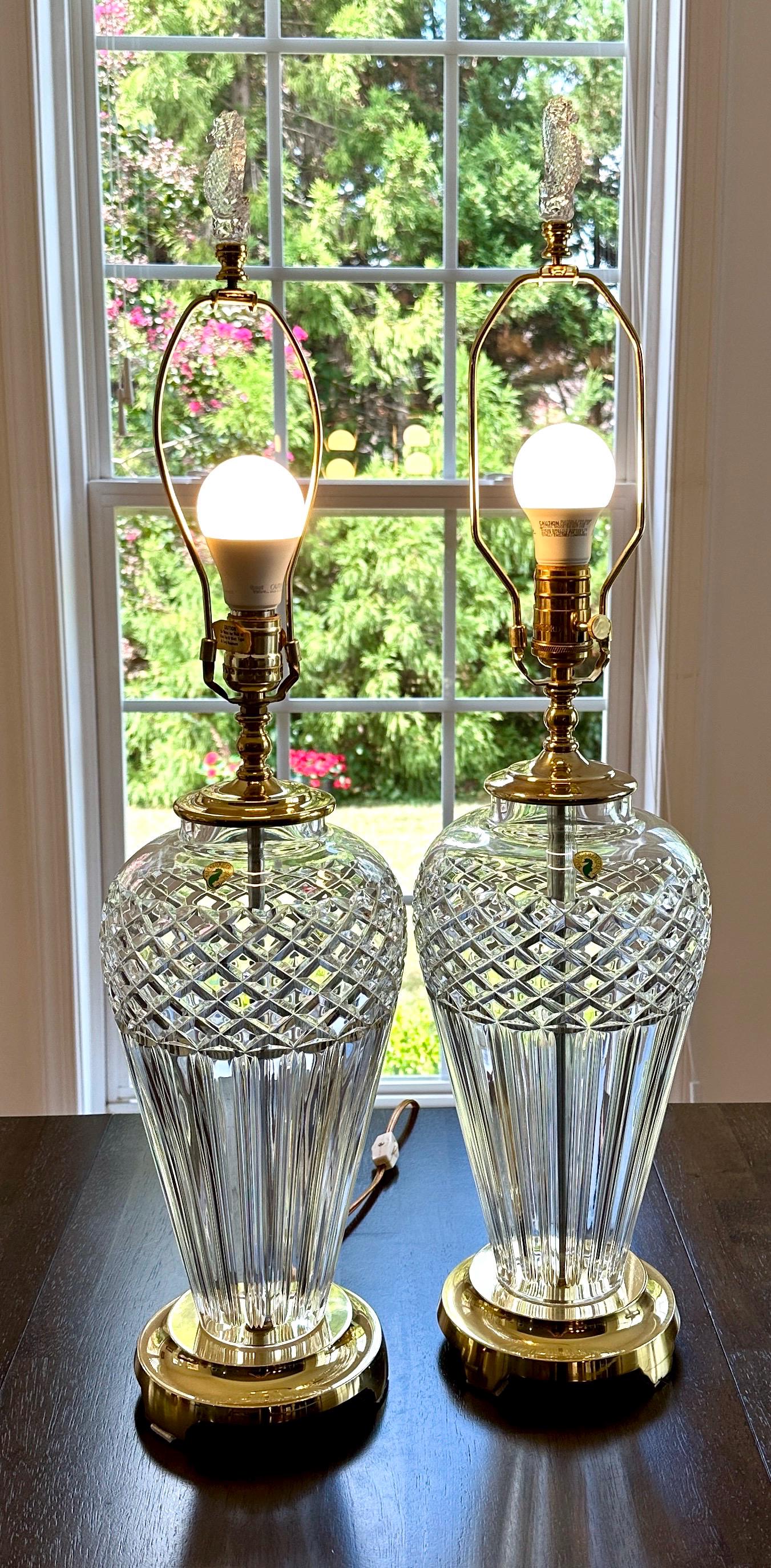 Pair of Waterford Belline Crystal and Brass Tall Lamps 30”