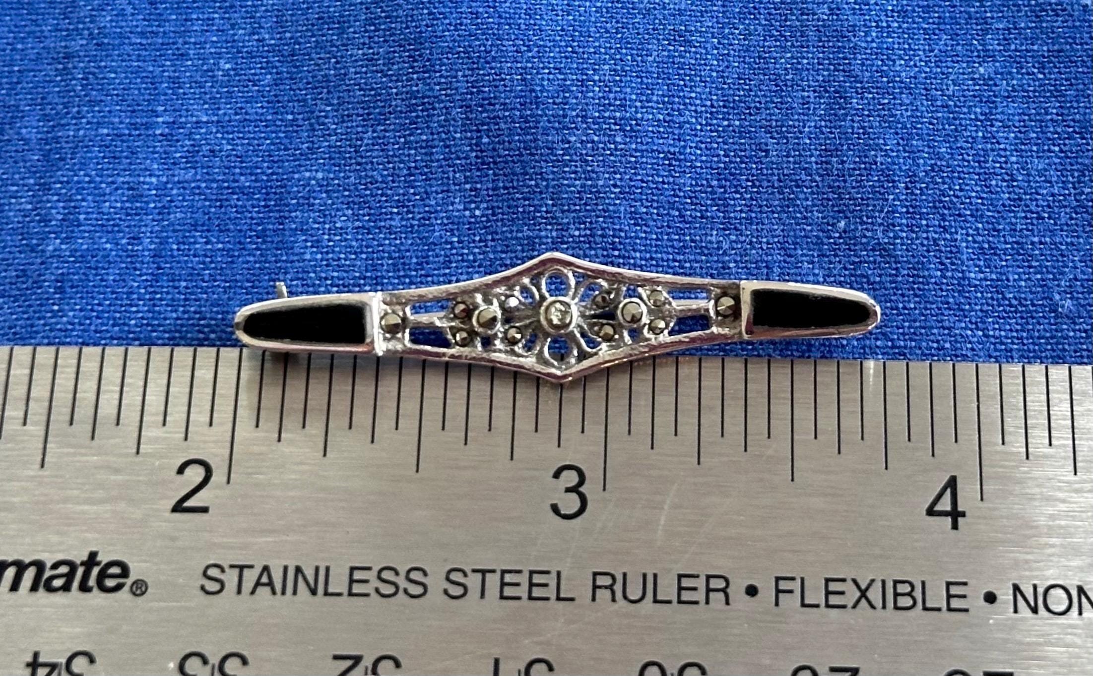 Antique Sterling and Oynx Marcasite Brooch Pin