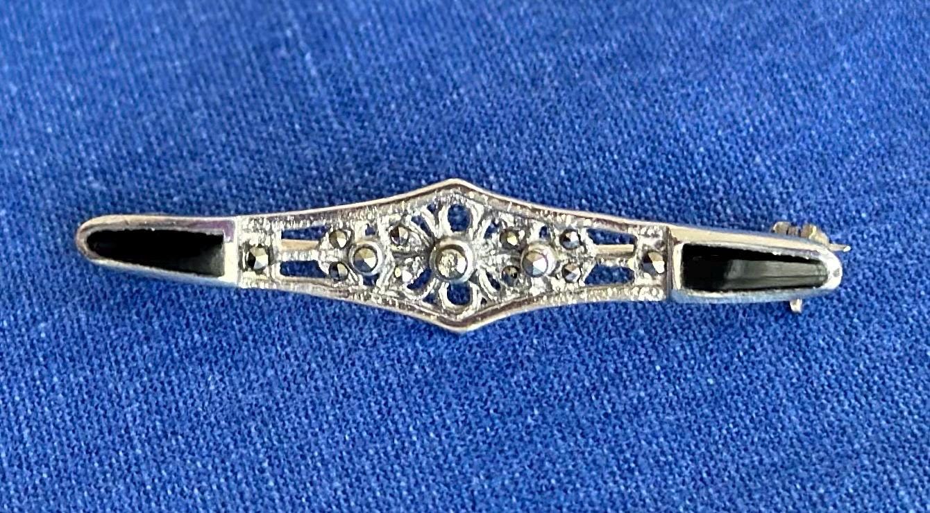 Antique Sterling and Oynx Marcasite Brooch Pin