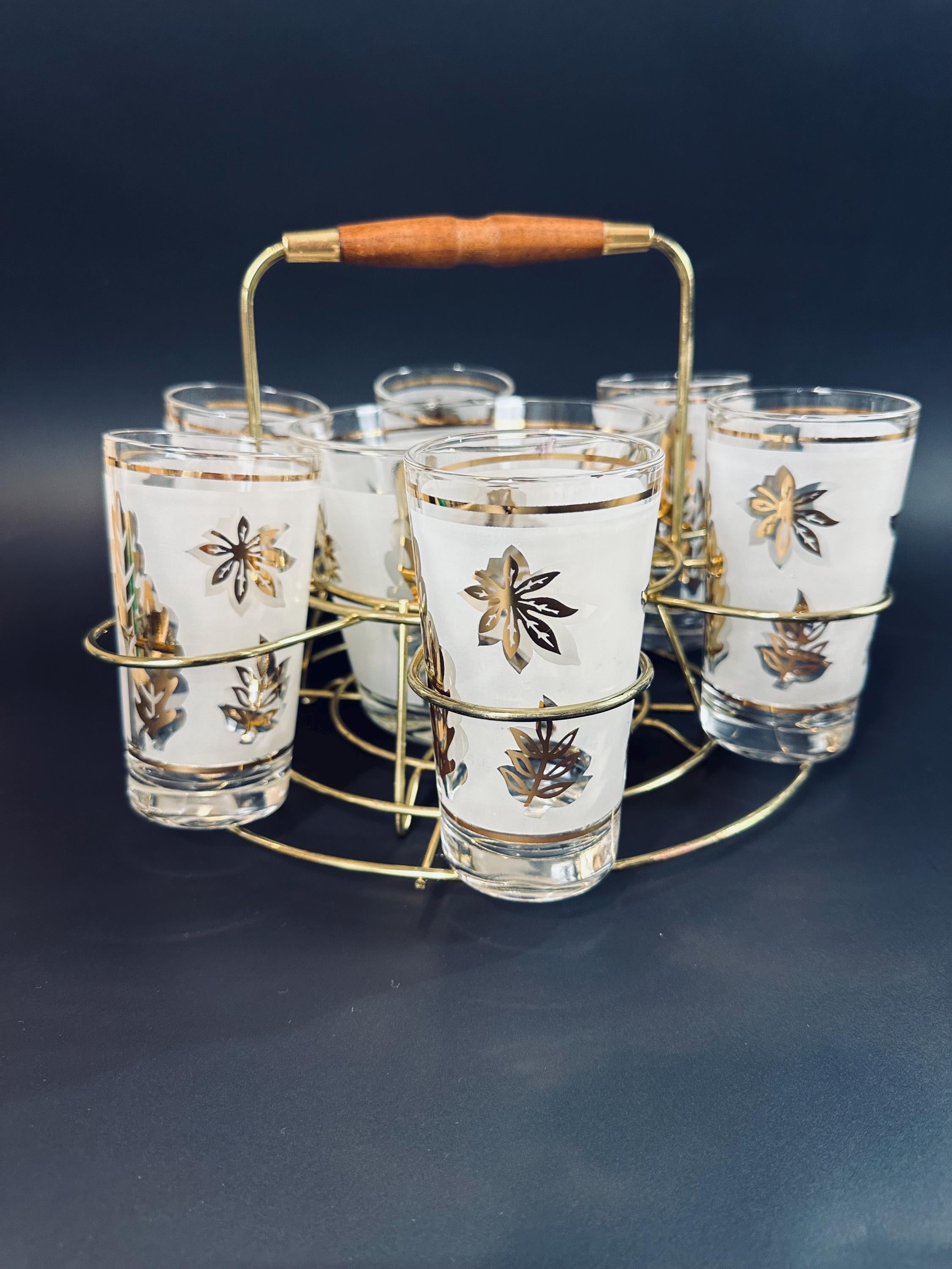 Libbey Gold Leaf Barware Set With Holder and Ice Bucket