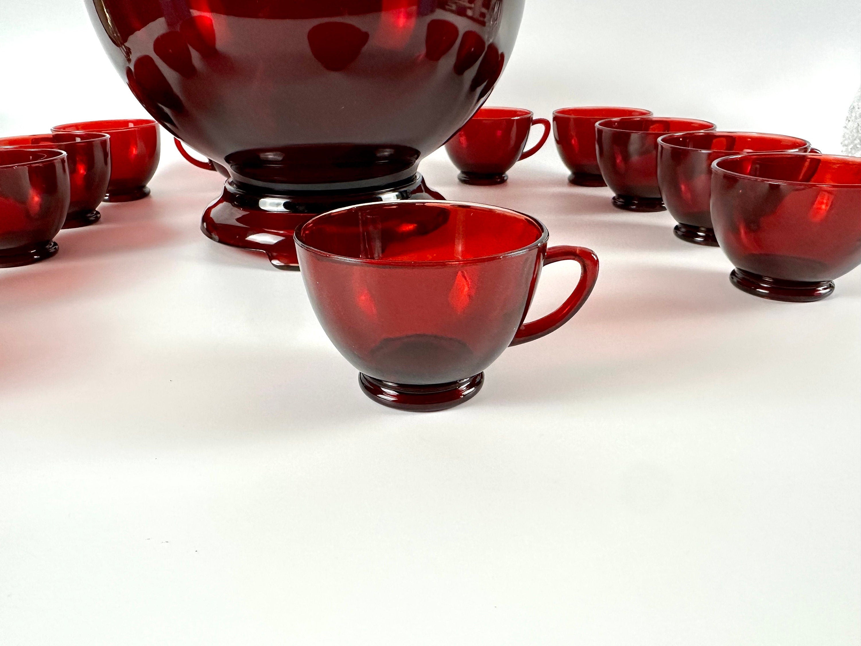 Fourteen Piece Anchor Hocking Royal Ruby Punch Bowl and Cups