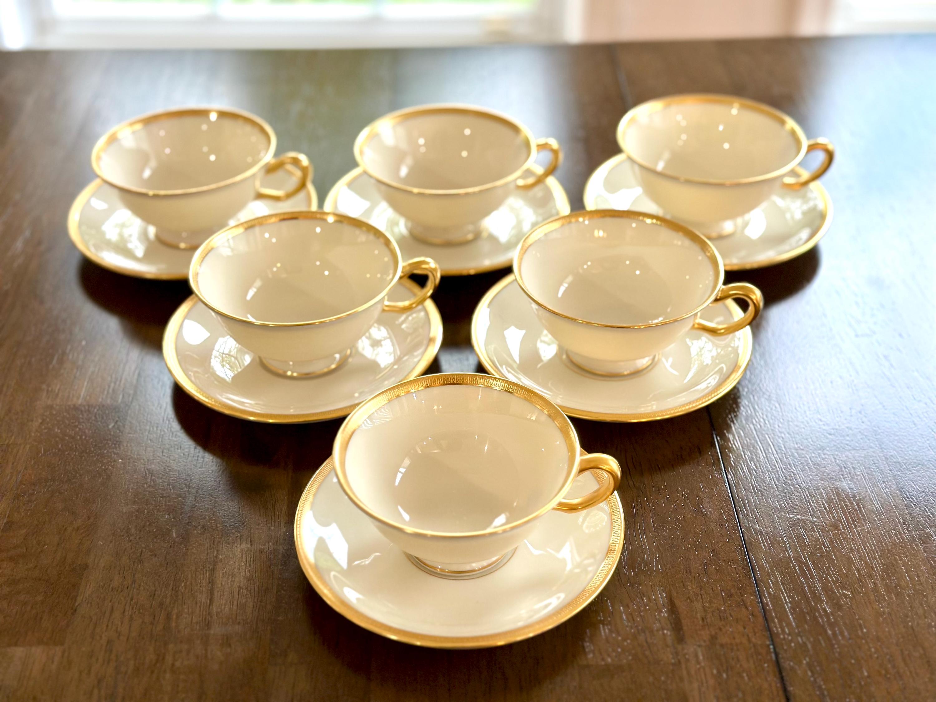 6 Lenox Tuxedo Teacups and Saucers