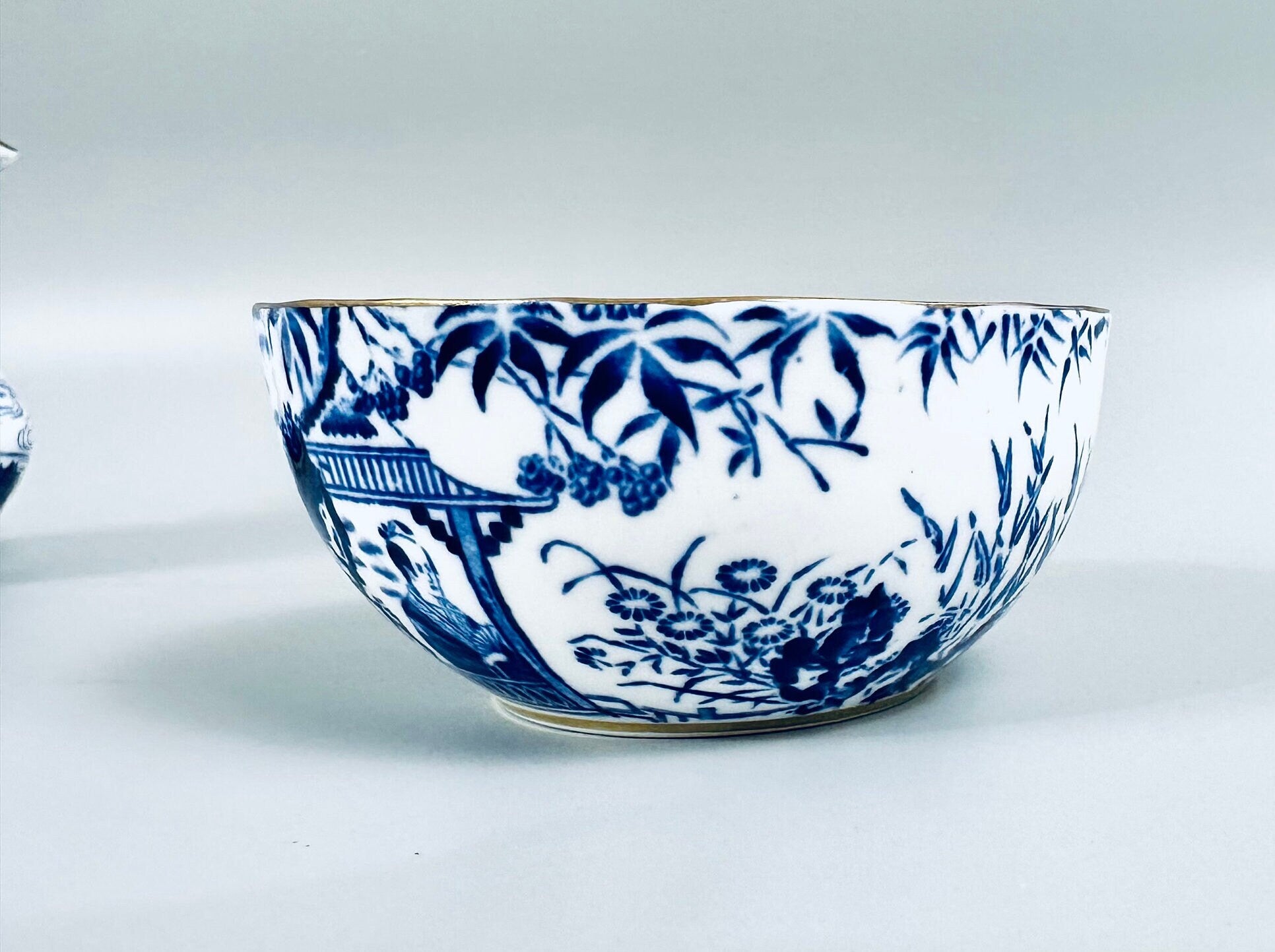 Blue Mikado By Royal Crown Derby Creamer, Sugar Bowl and Teaspoon Rest