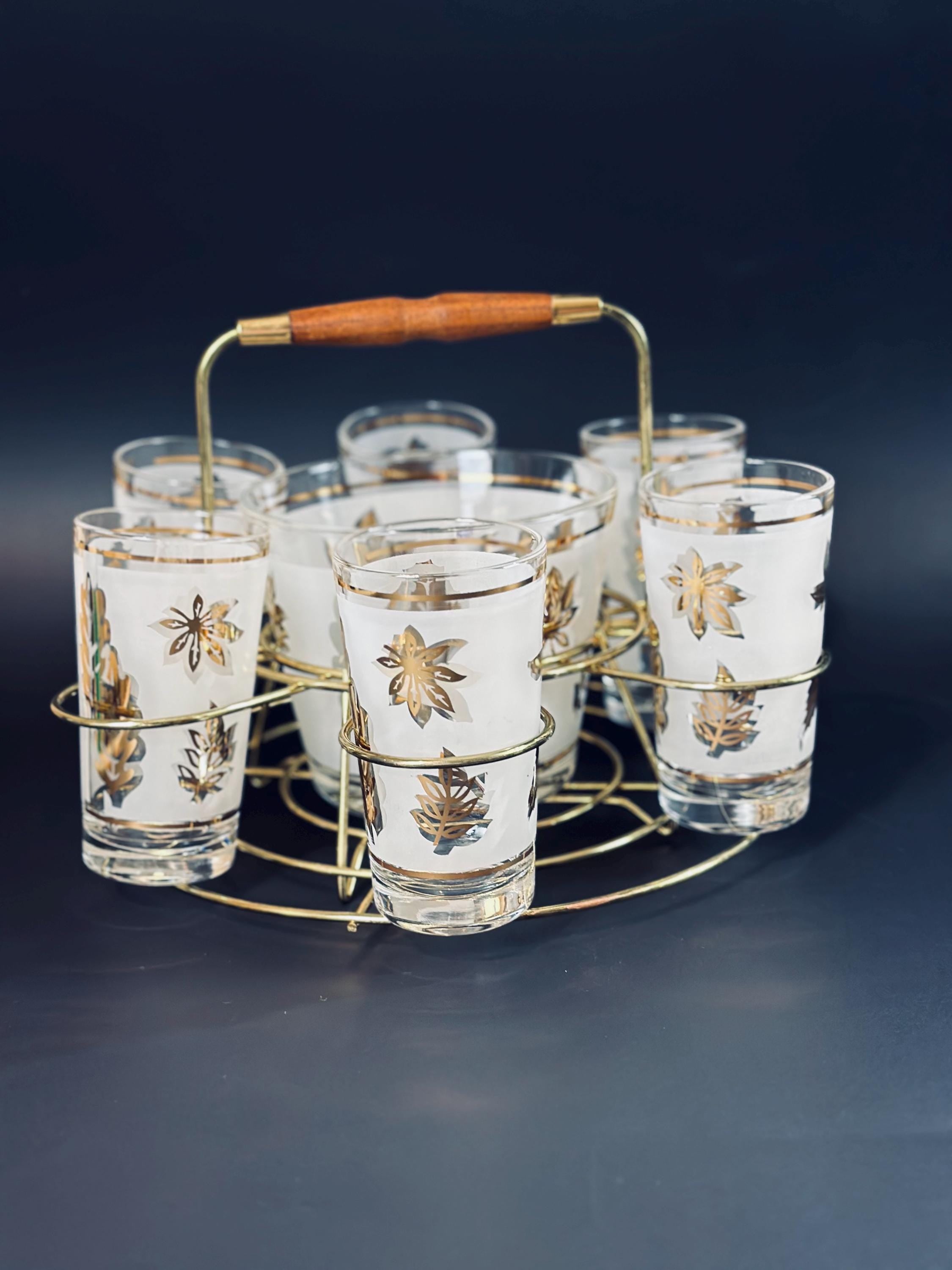 Libbey Gold Leaf Barware Set With Holder and Ice Bucket