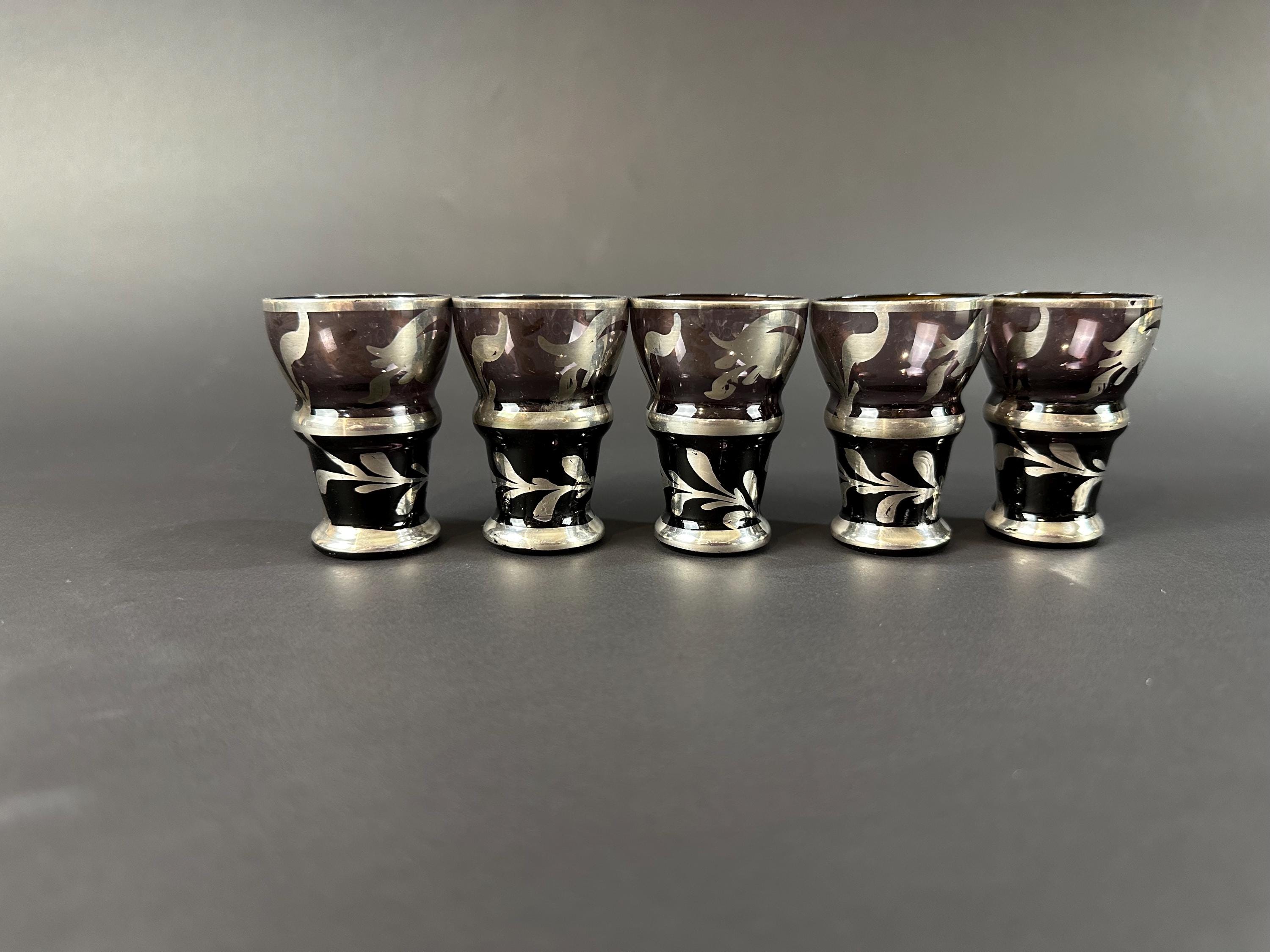 Five Amethyst Aparitif Glasses With Silver Overlay