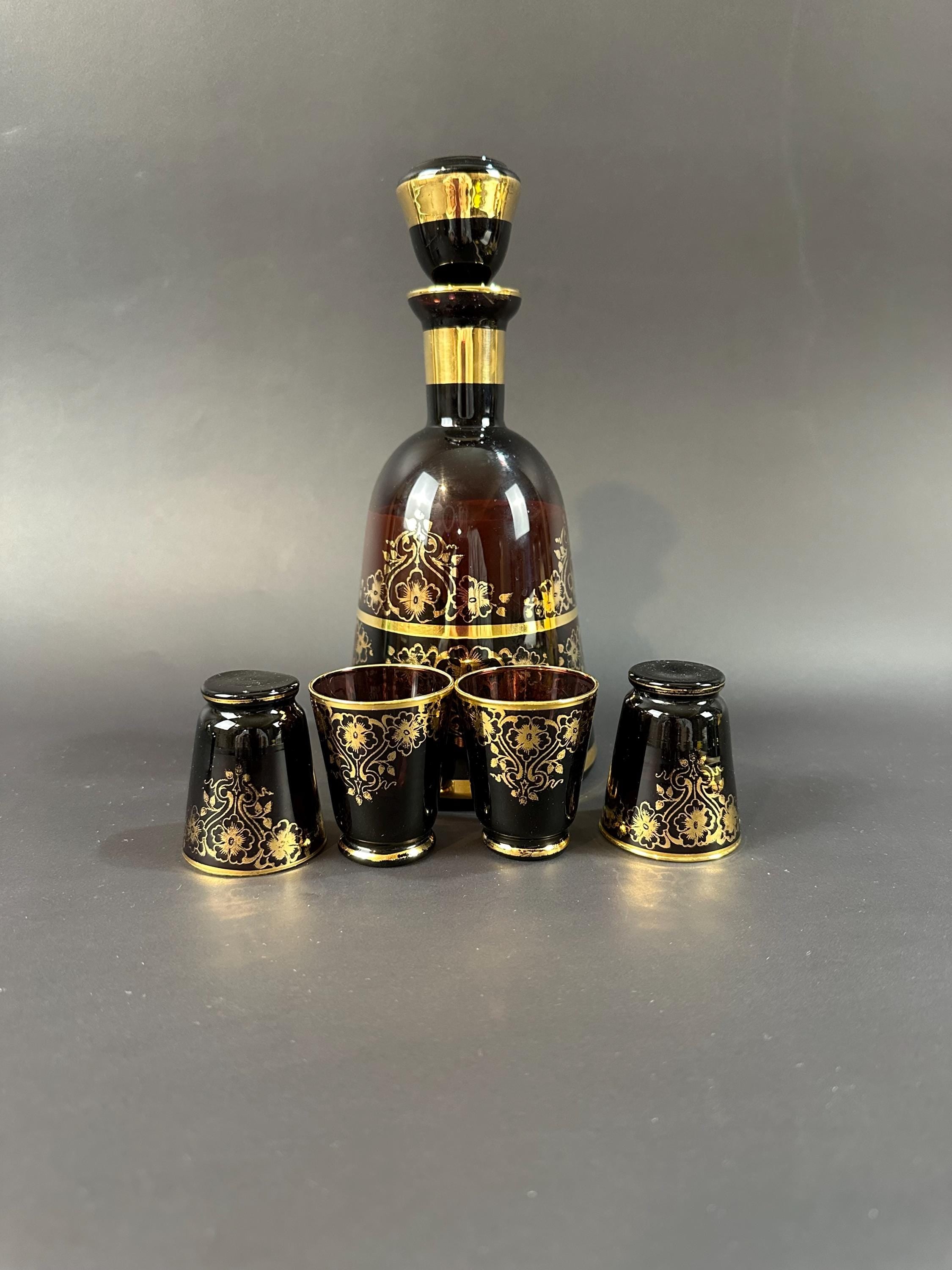 Blue and Gold Decanter with  Four Matching Aparitif Glasses by Murano