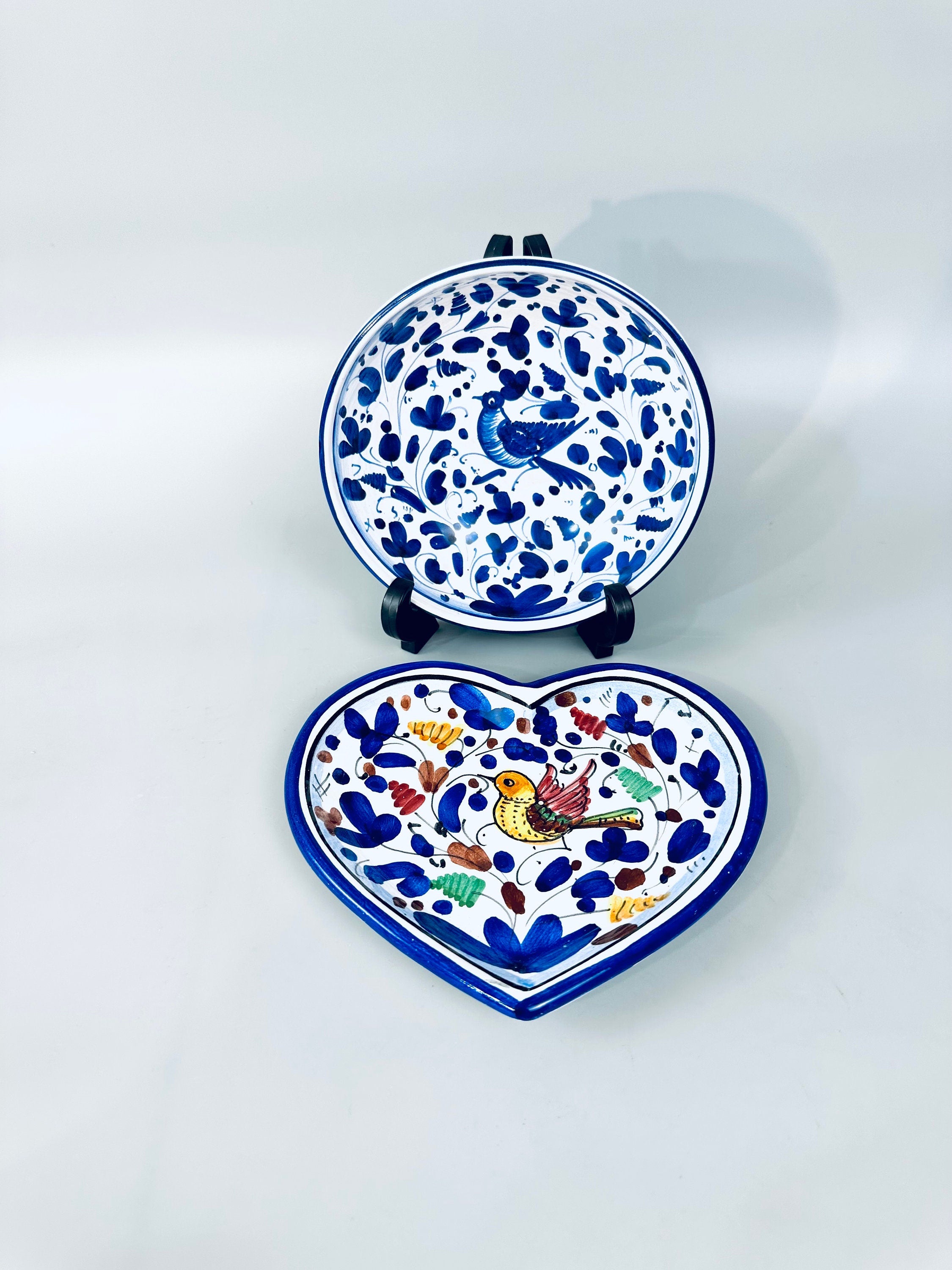 A Pair of Hand Painted Italian Serving Pieces Featuring Birds