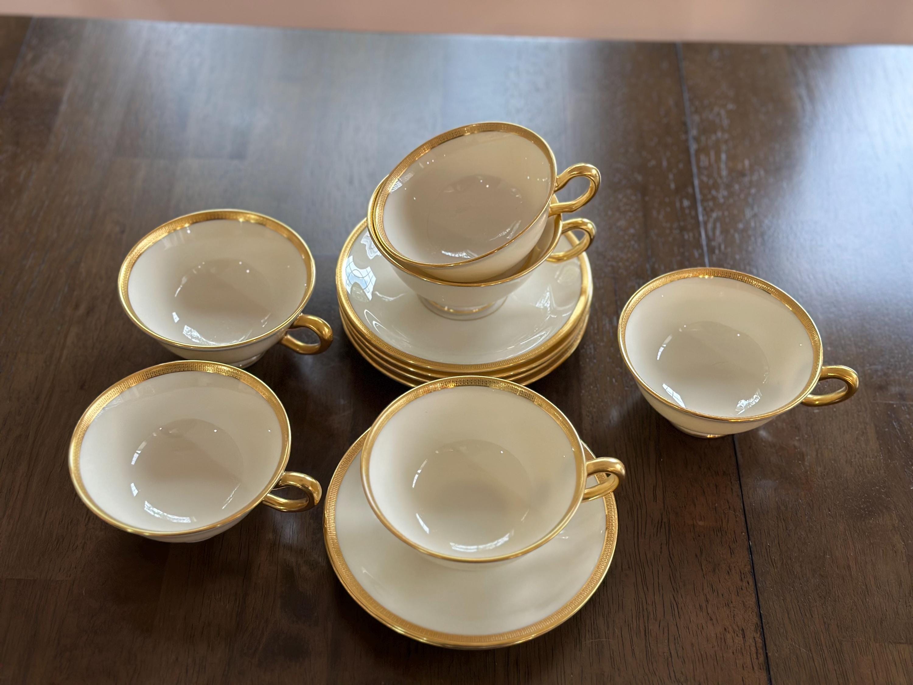 6 Lenox Tuxedo Teacups and Saucers