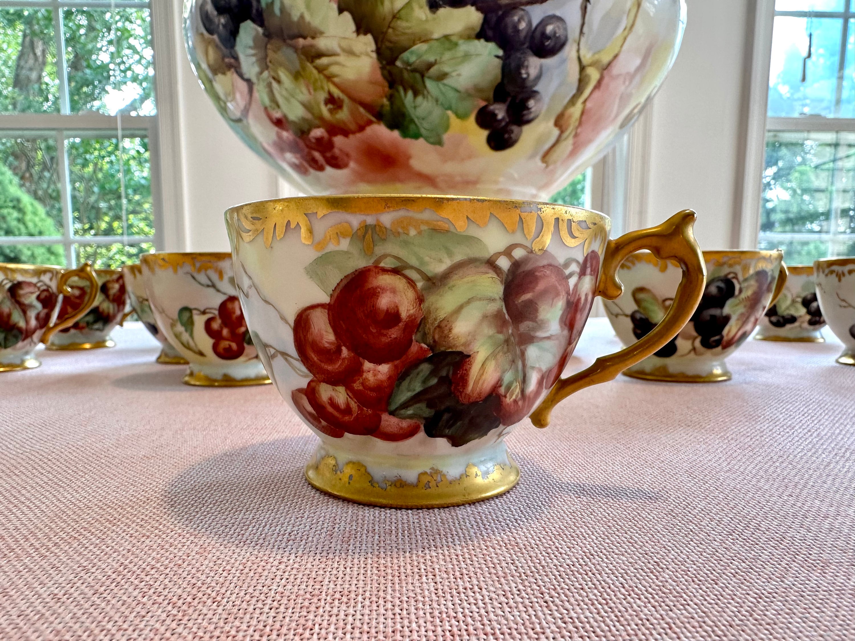 Sale-Stunning Antique Limoges Hand-painted Punchbowl Set