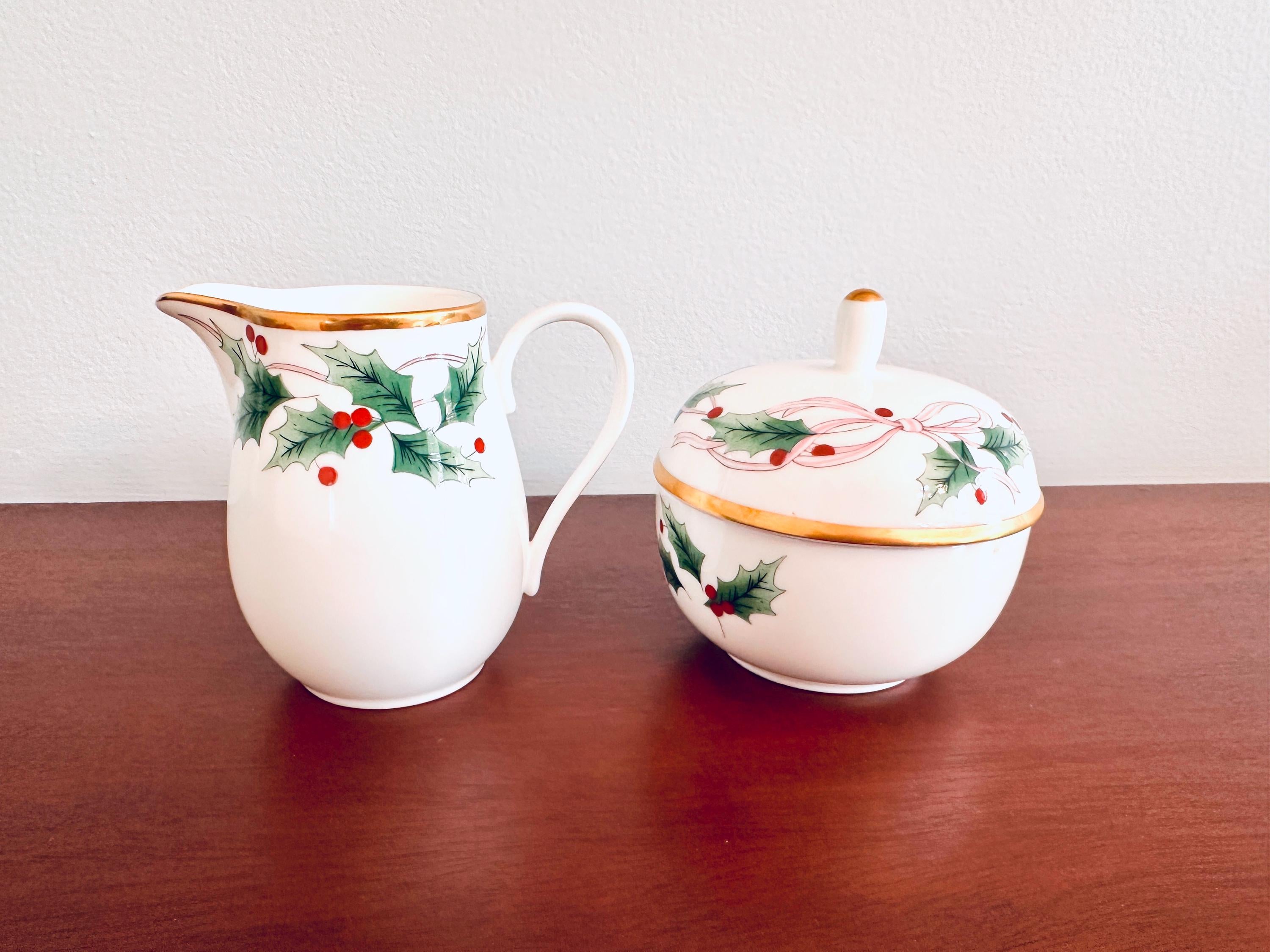 Mikasa Ribbon Holly Creamer and Sugar Bowl