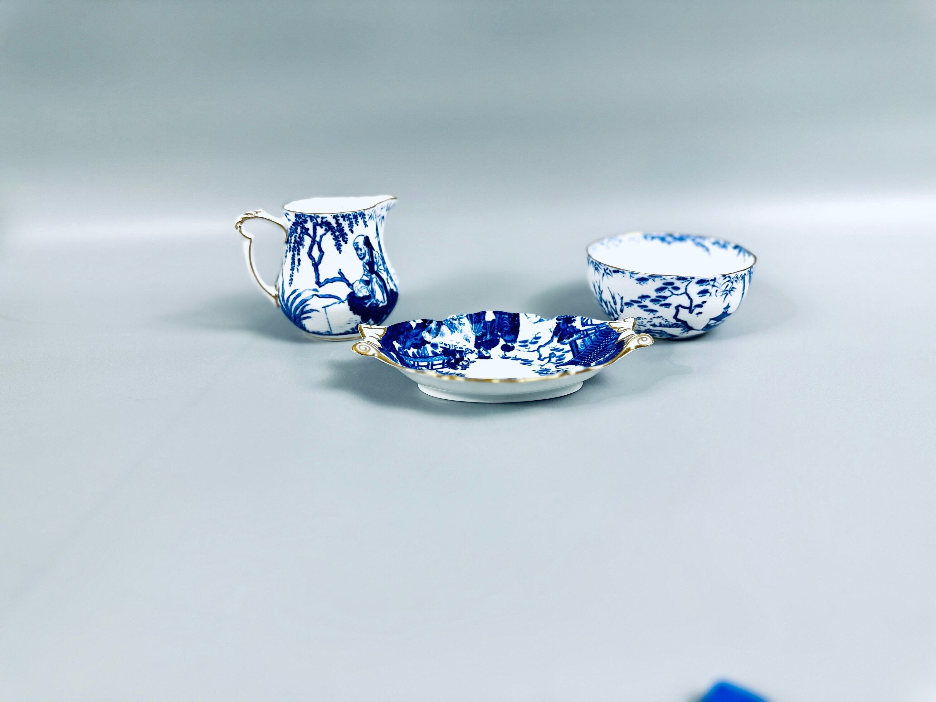 Blue Mikado By Royal Crown Derby Creamer, Sugar Bowl and Teaspoon Rest