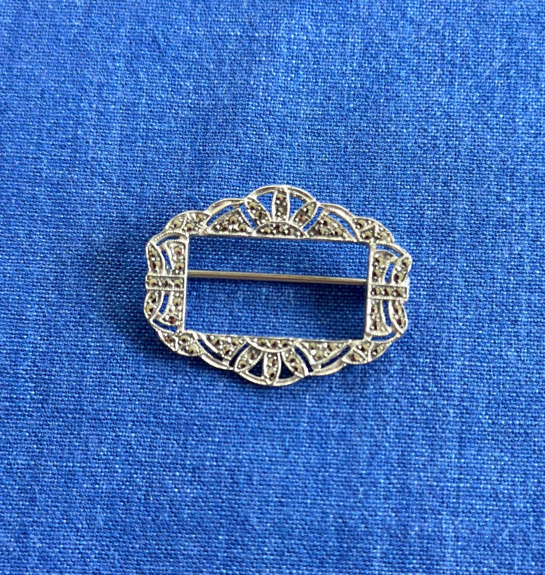Antique Sterling Silver Marcasite Frame Brooch
