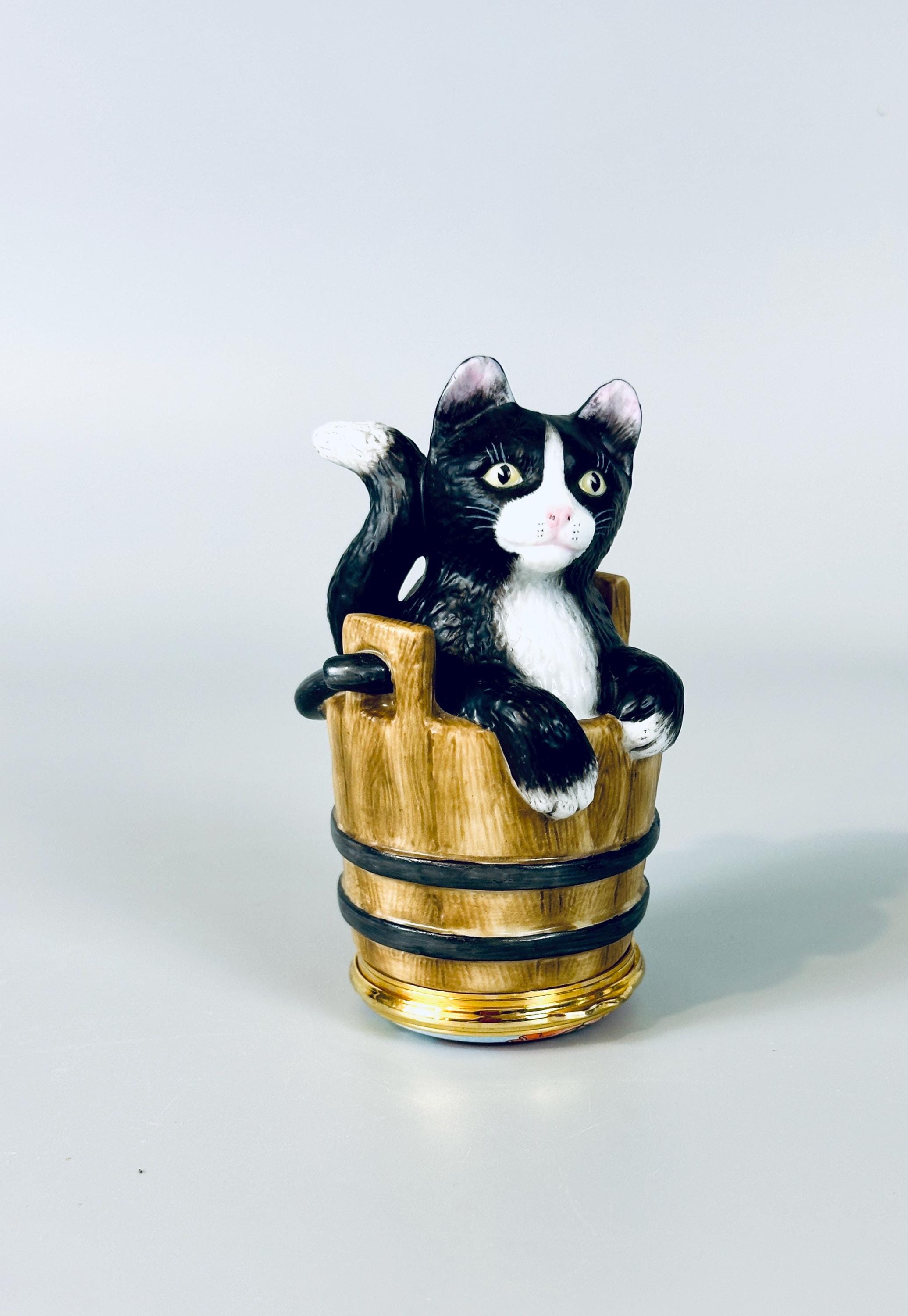 Limoges Trinket Box Black Cat in Bucket