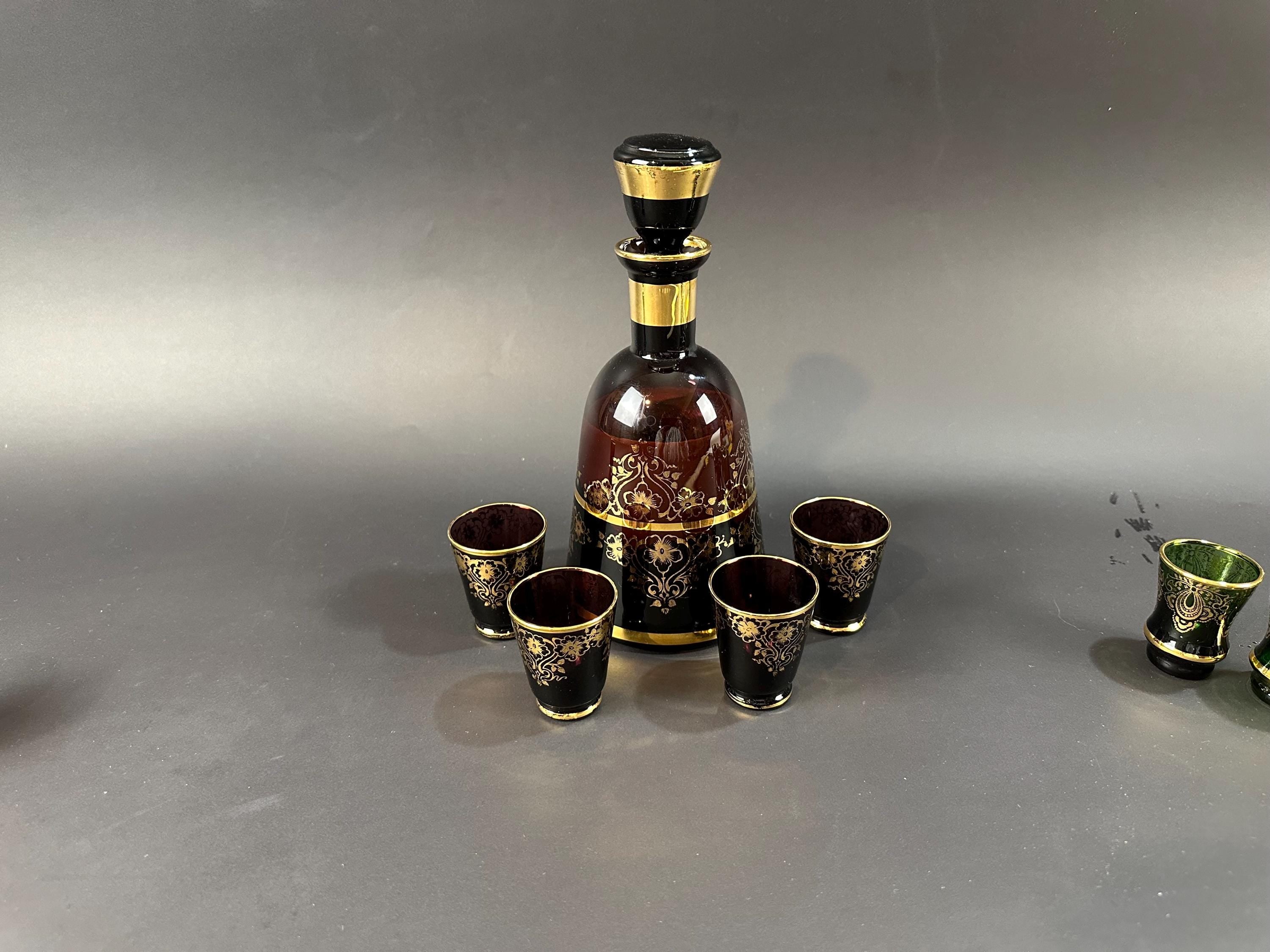 Blue and Gold Decanter with  Four Matching Aparitif Glasses by Murano