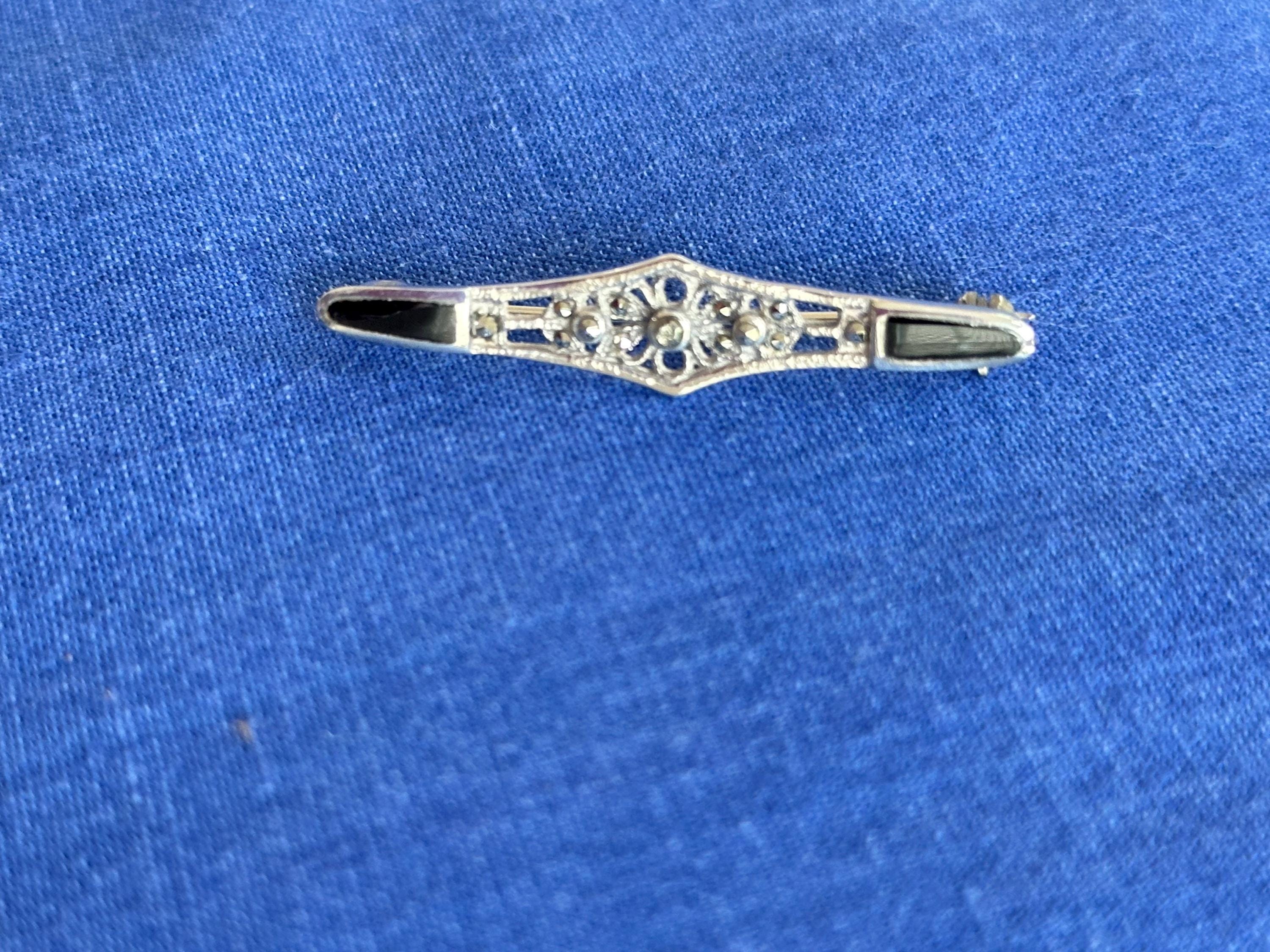 Antique Sterling and Oynx Marcasite Brooch Pin