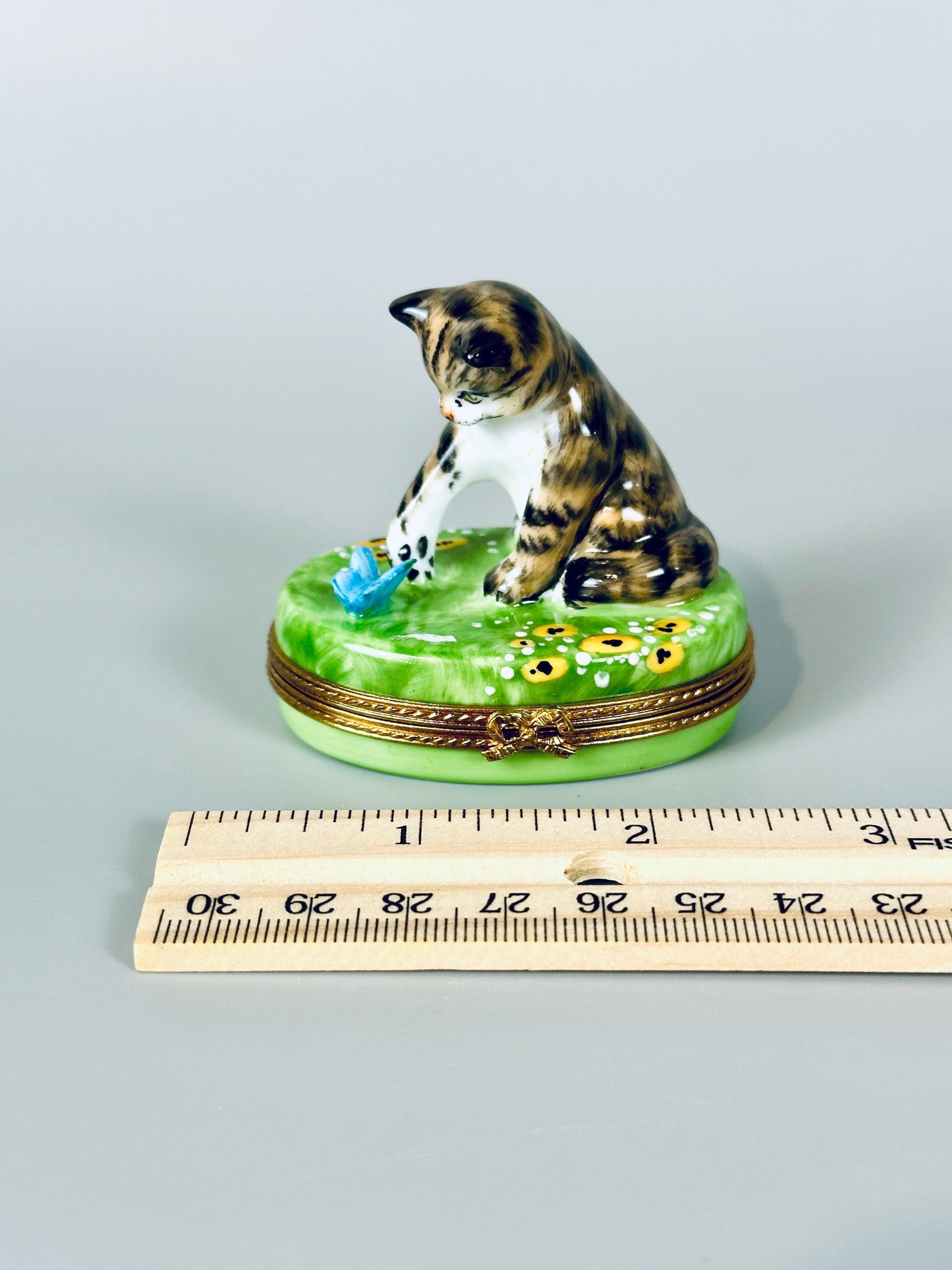 Limoges Trinket Box by Porcelaine Pierre Arguie Cat with Butterfly