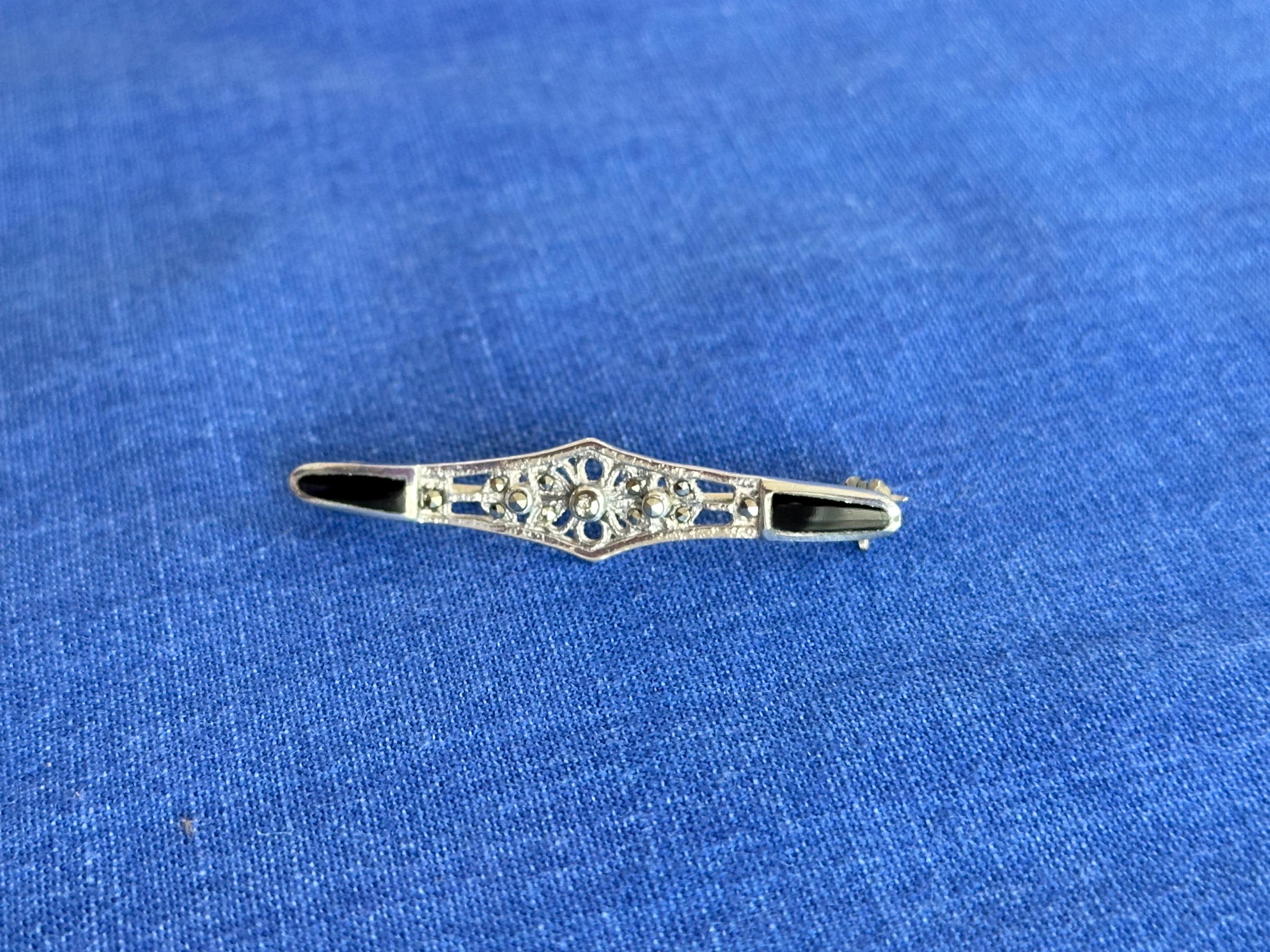 Antique Sterling and Oynx Marcasite Brooch Pin