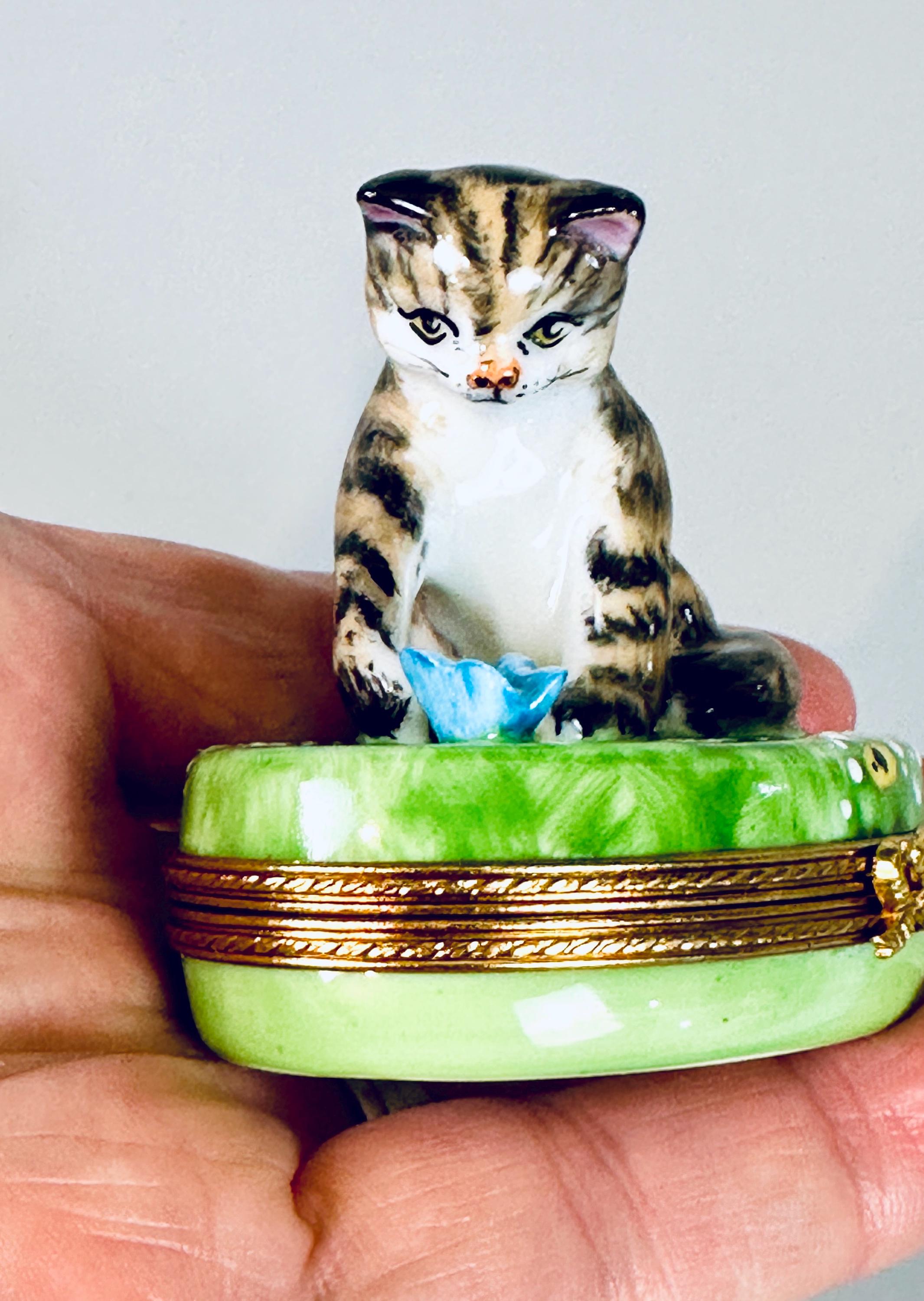 Limoges Trinket Box by Porcelaine Pierre Arguie Cat with Butterfly