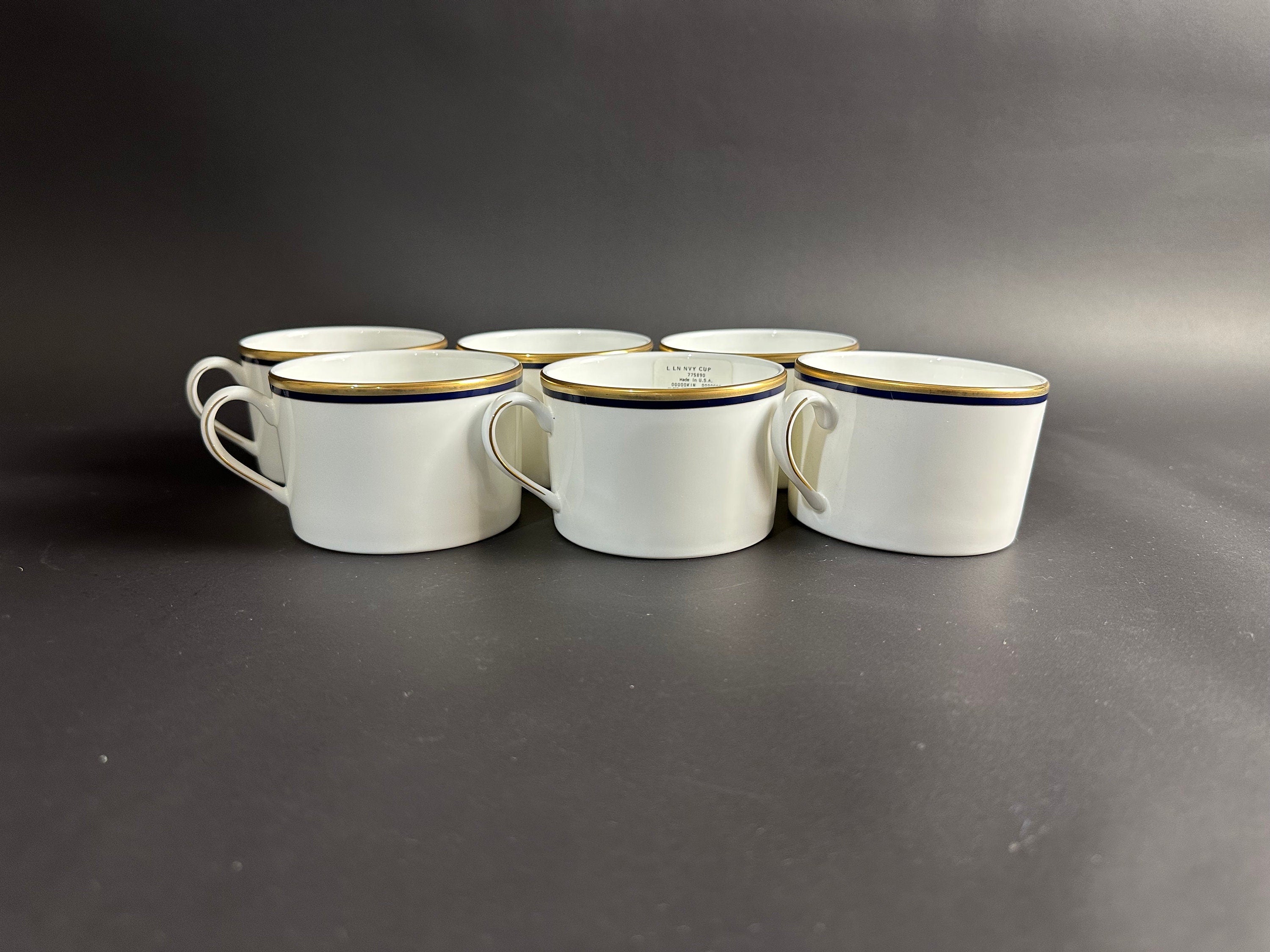 Six Lenox “Library Lane Navy” Teacups /Flat Mugs by Kate Spade