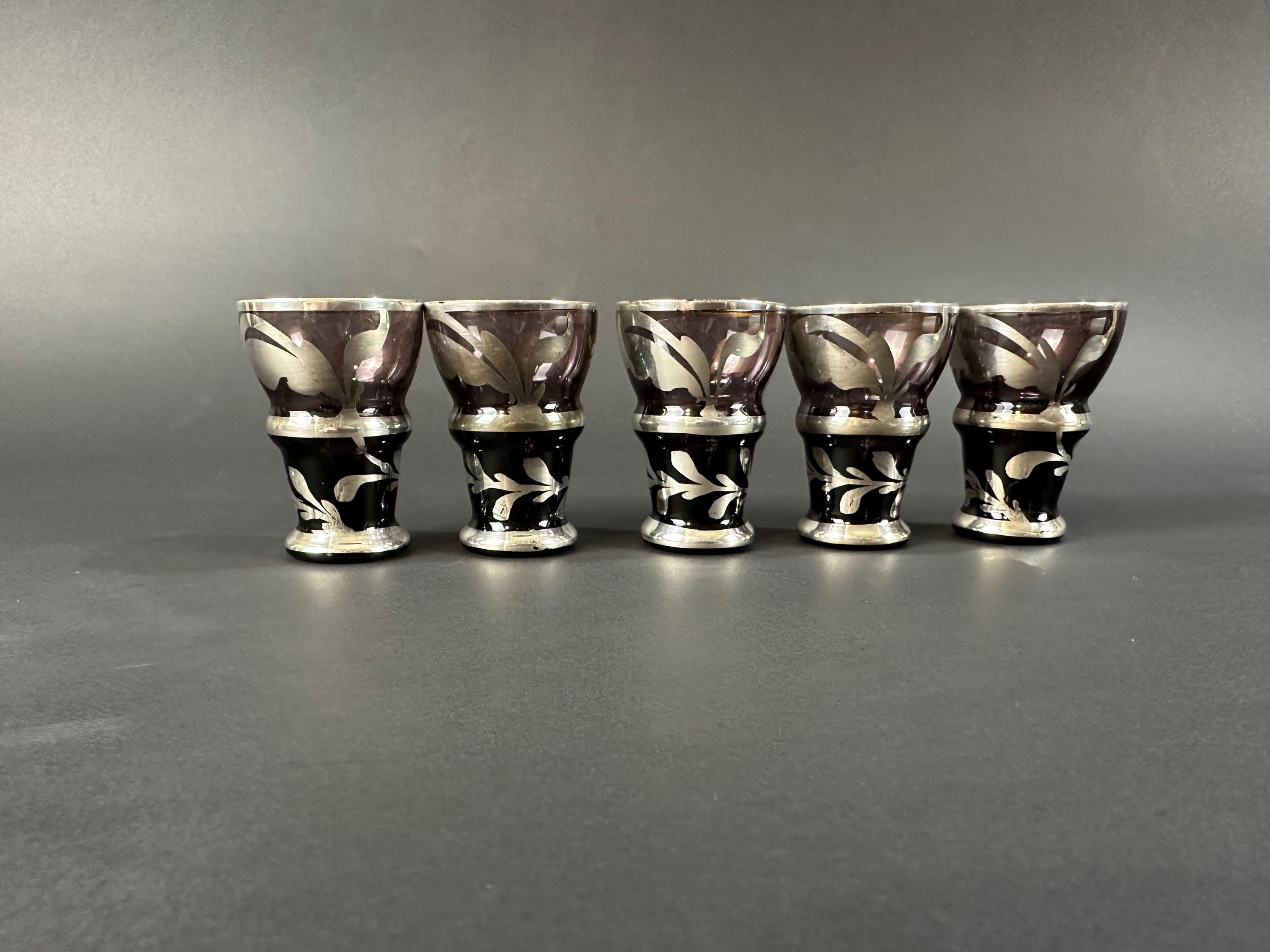 Five Amethyst Aparitif Glasses With Silver Overlay