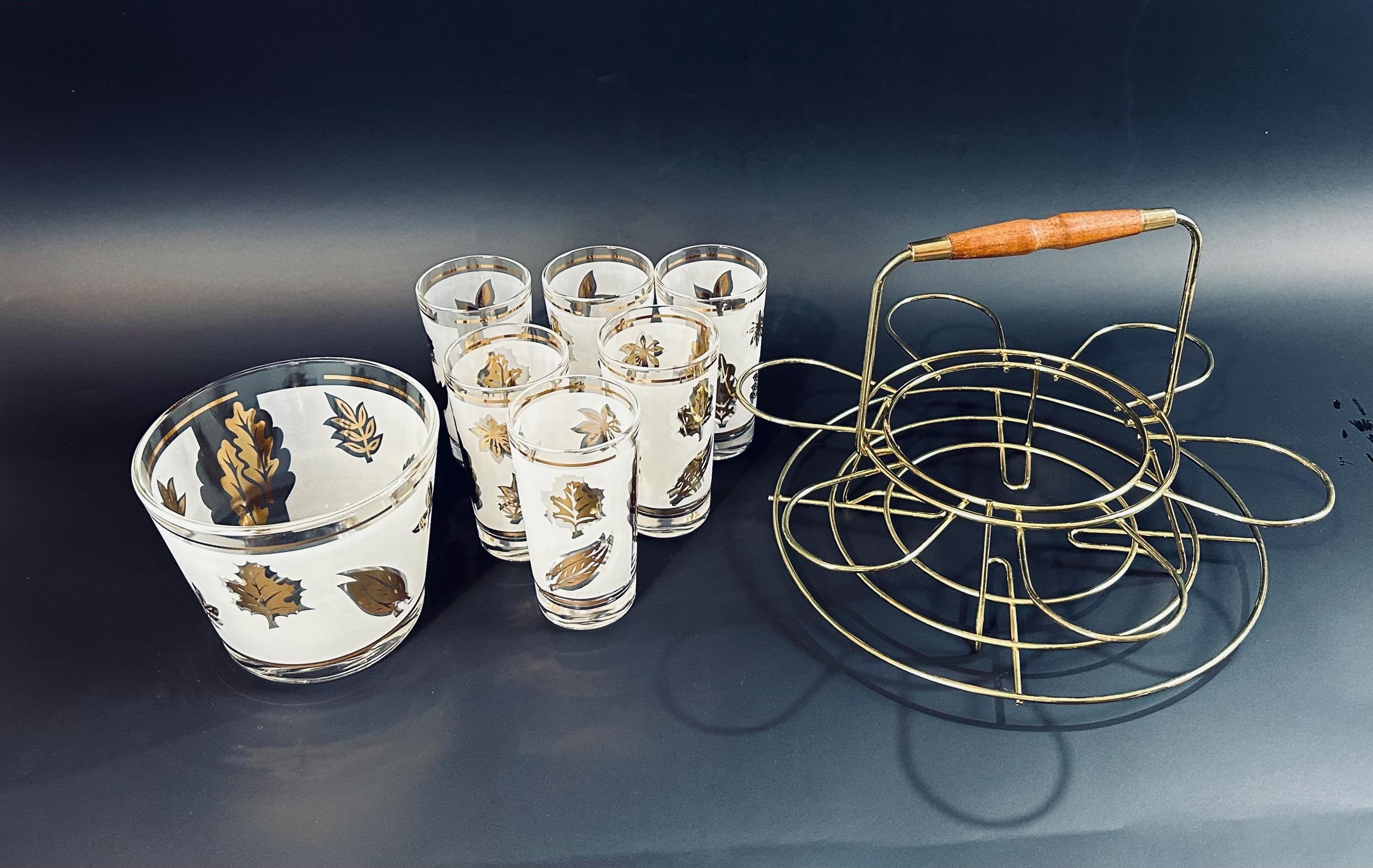 Libbey Gold Leaf Barware Set With Holder and Ice Bucket