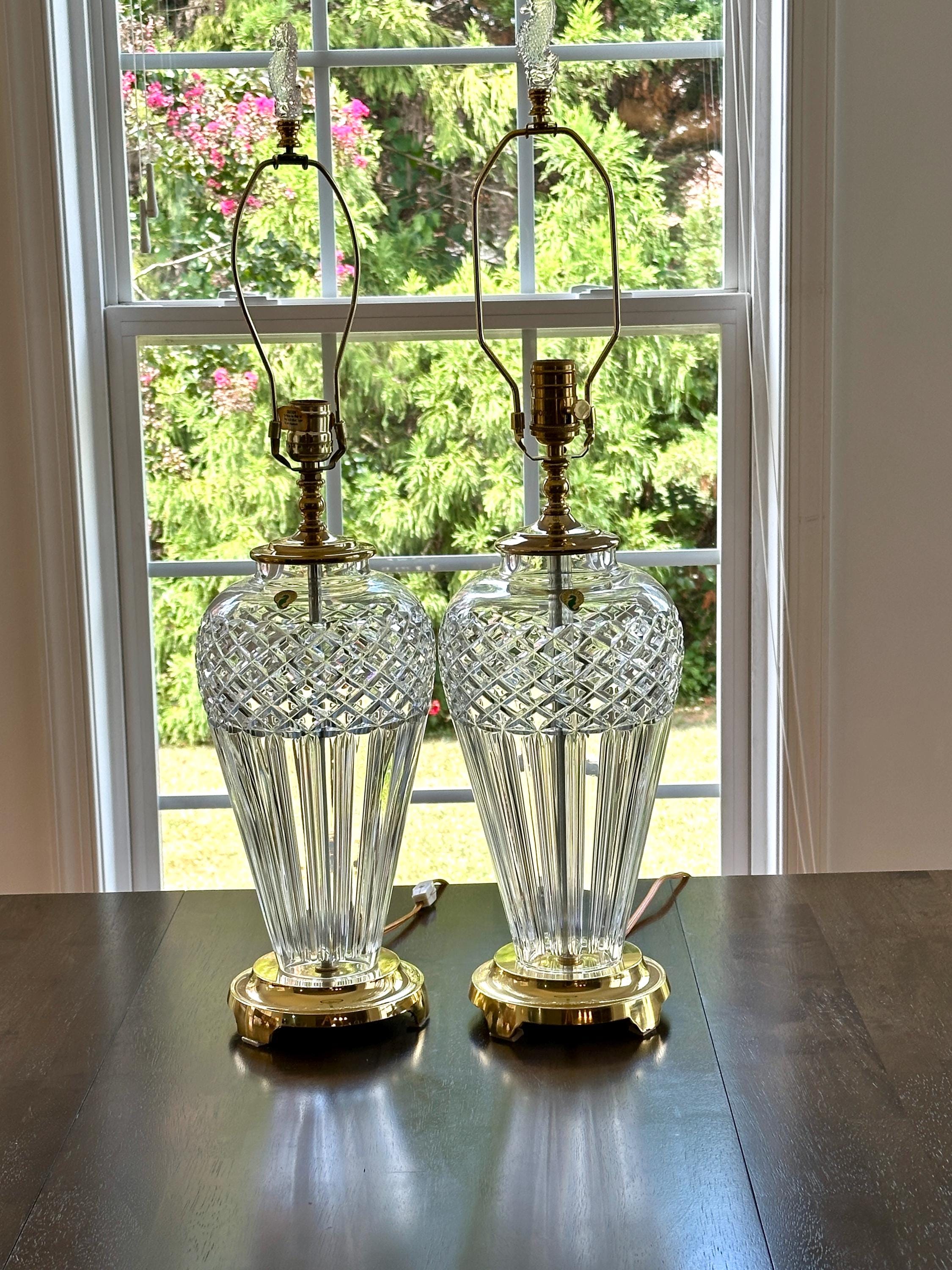 Pair of Waterford Belline Crystal and Brass Tall Lamps 30”