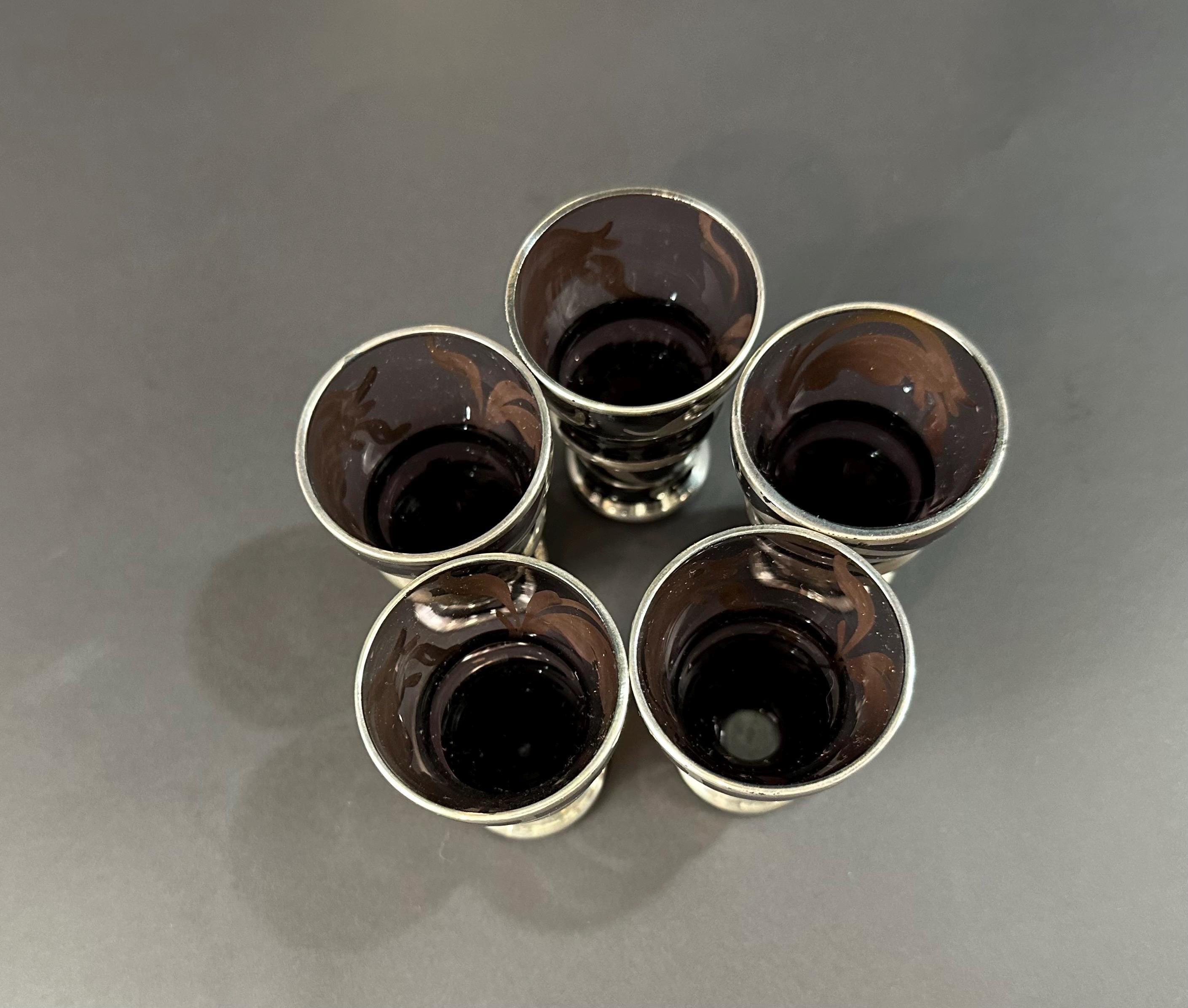 Five Amethyst Aparitif Glasses With Silver Overlay