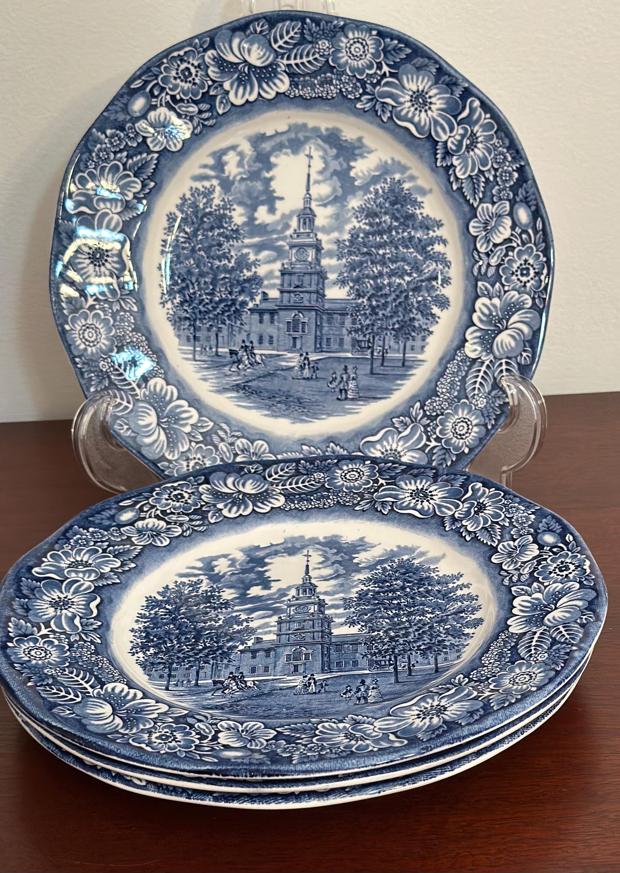 Four Liberty Blue Ironstone Dinner Plates