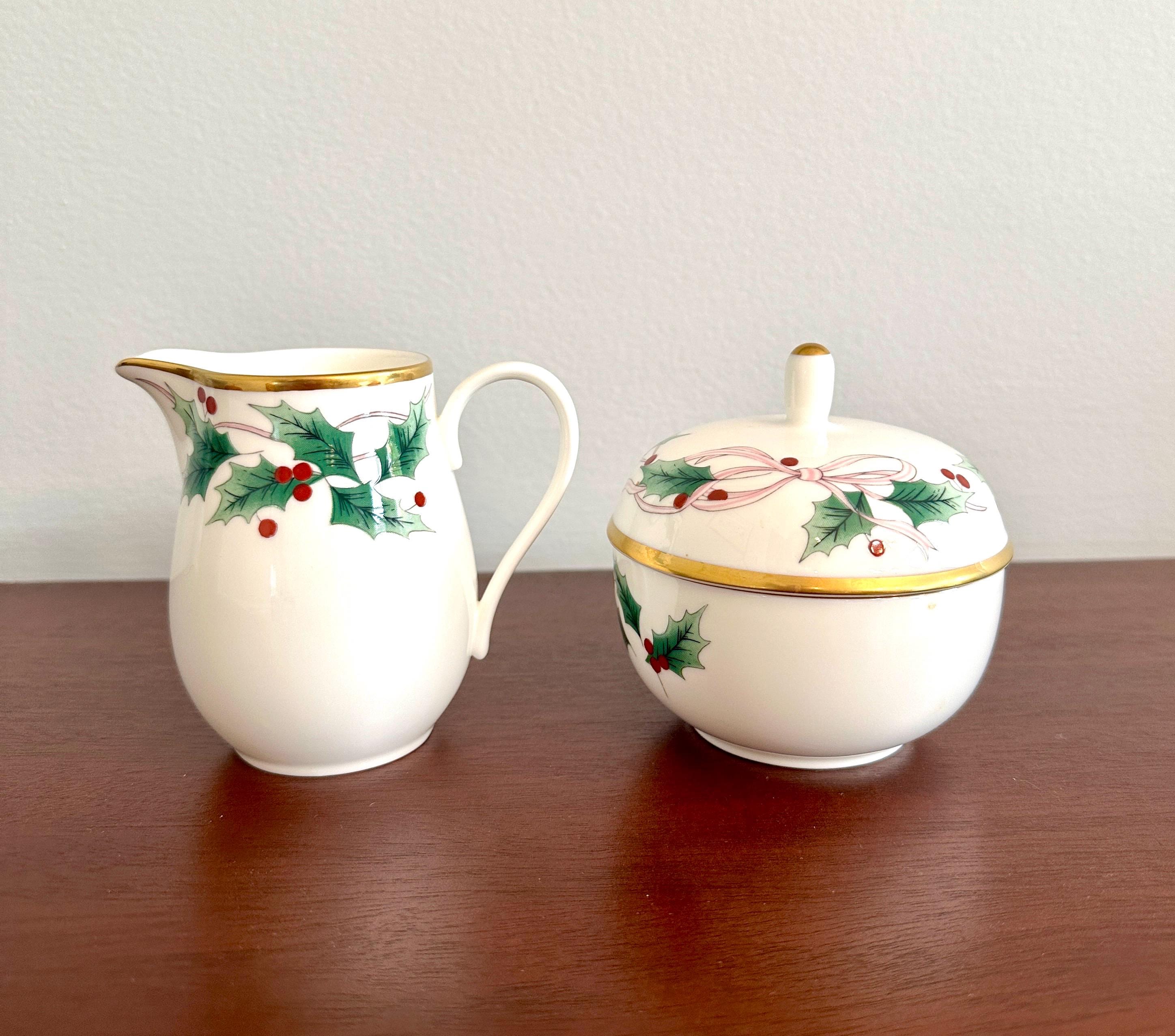 Mikasa Ribbon Holly Creamer and Sugar Bowl