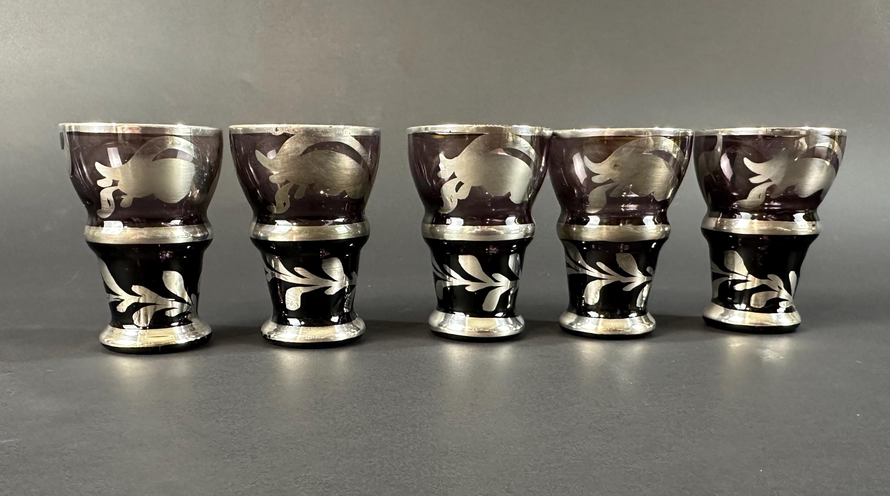 Five Amethyst Aparitif Glasses With Silver Overlay