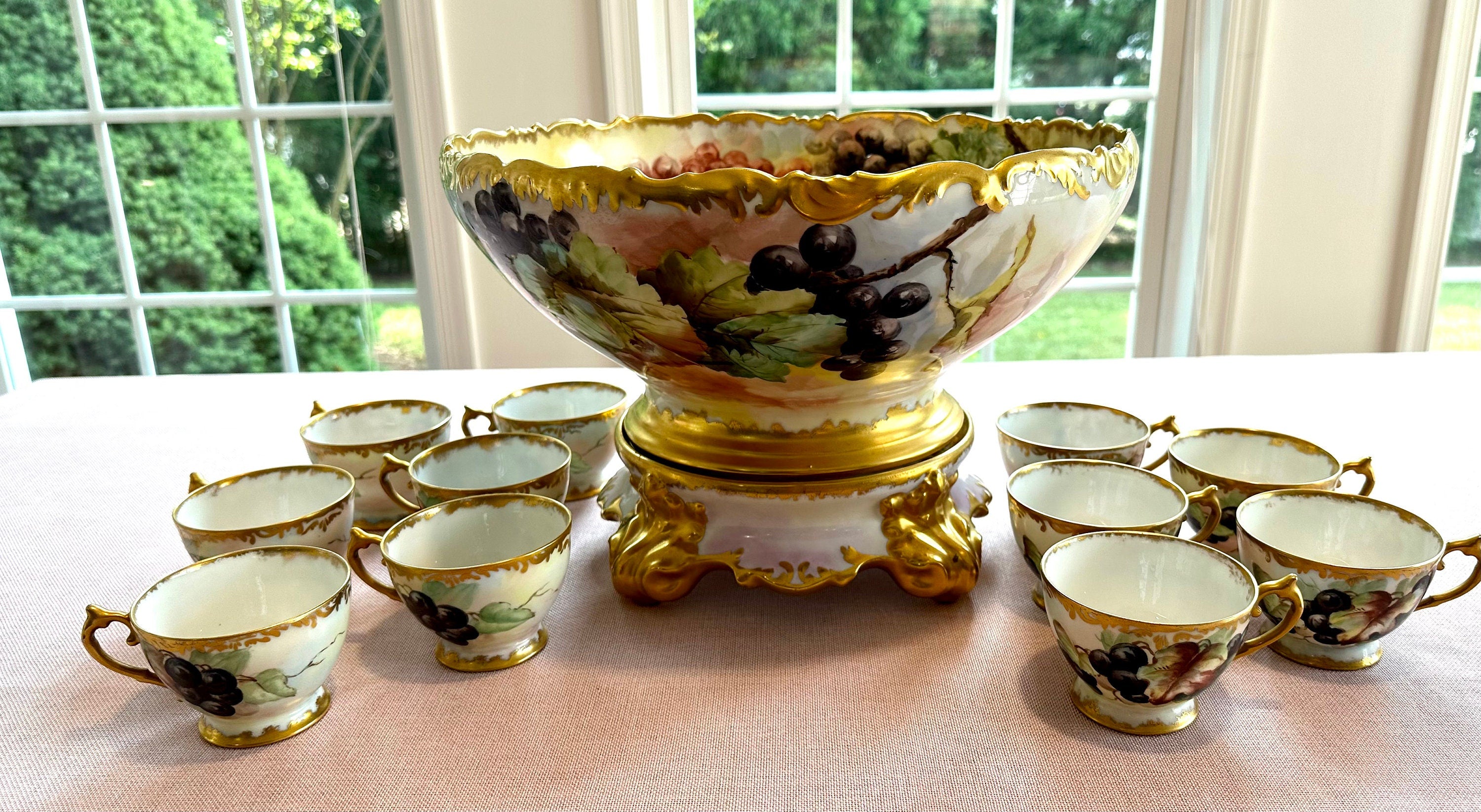 Sale-Stunning Antique Limoges Hand-painted Punchbowl Set