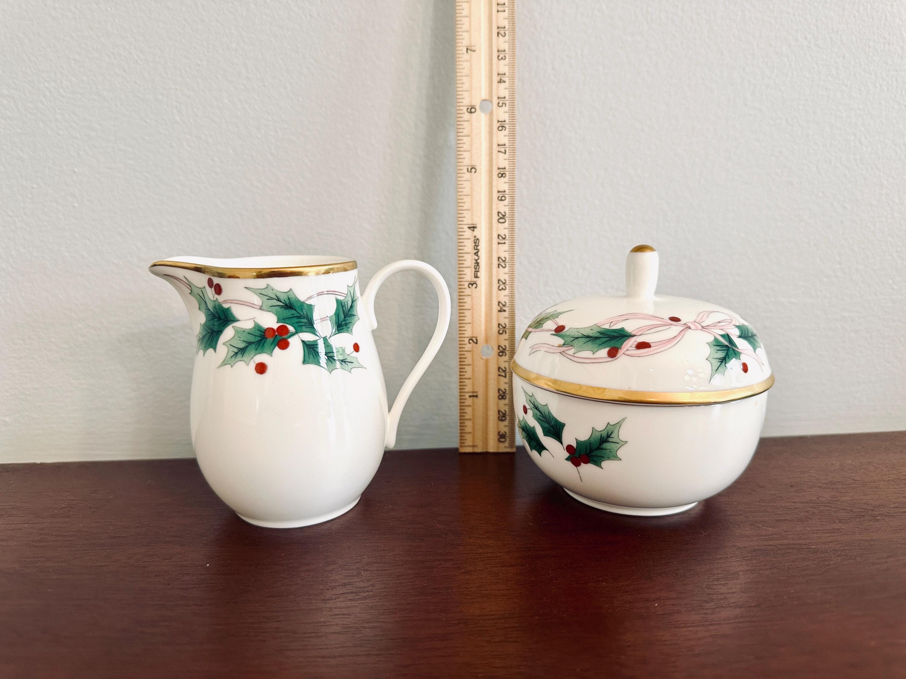 Mikasa Ribbon Holly Creamer and Sugar Bowl