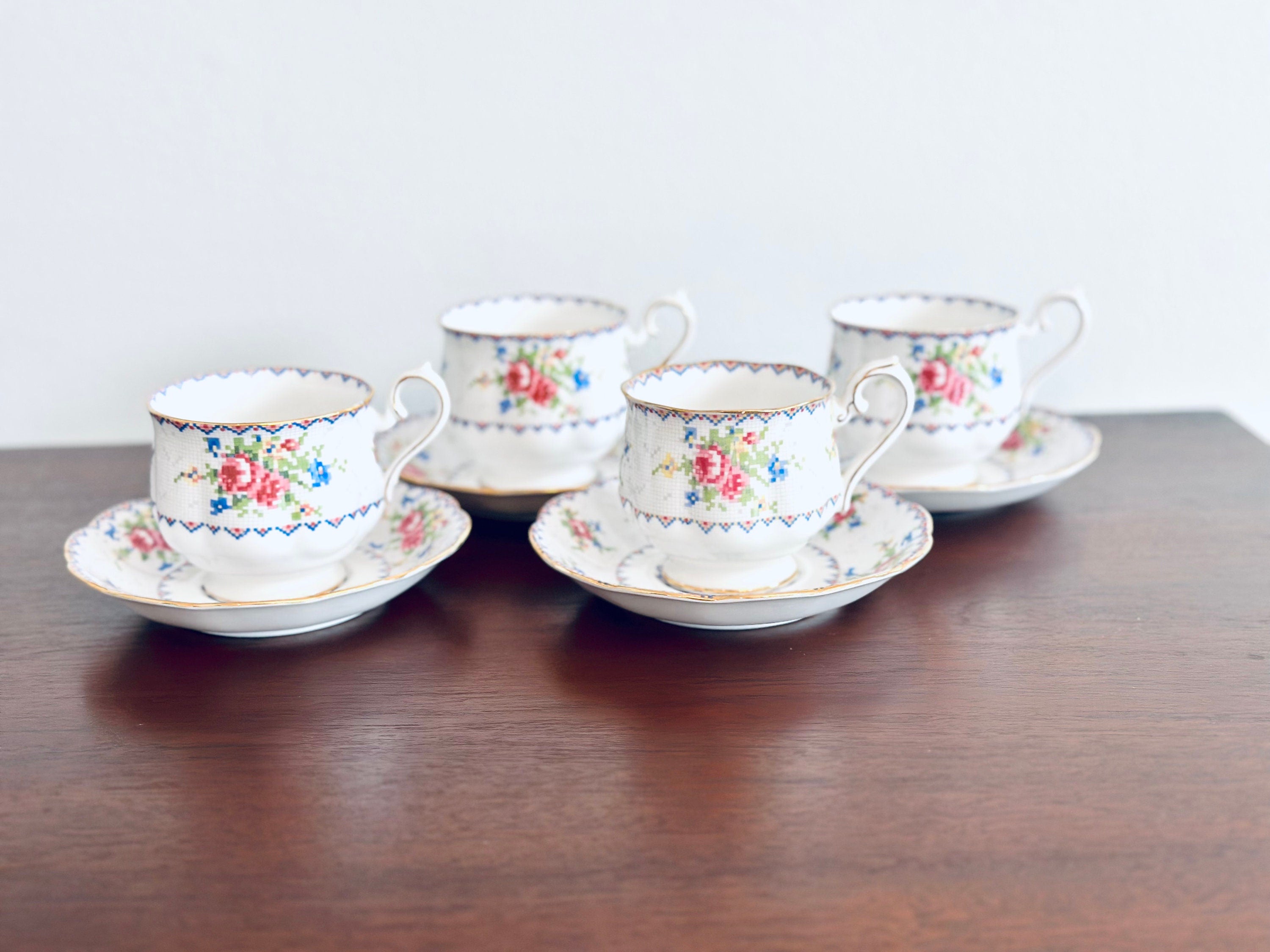 4 Royal Albert Petite Point Teacups and Saucers