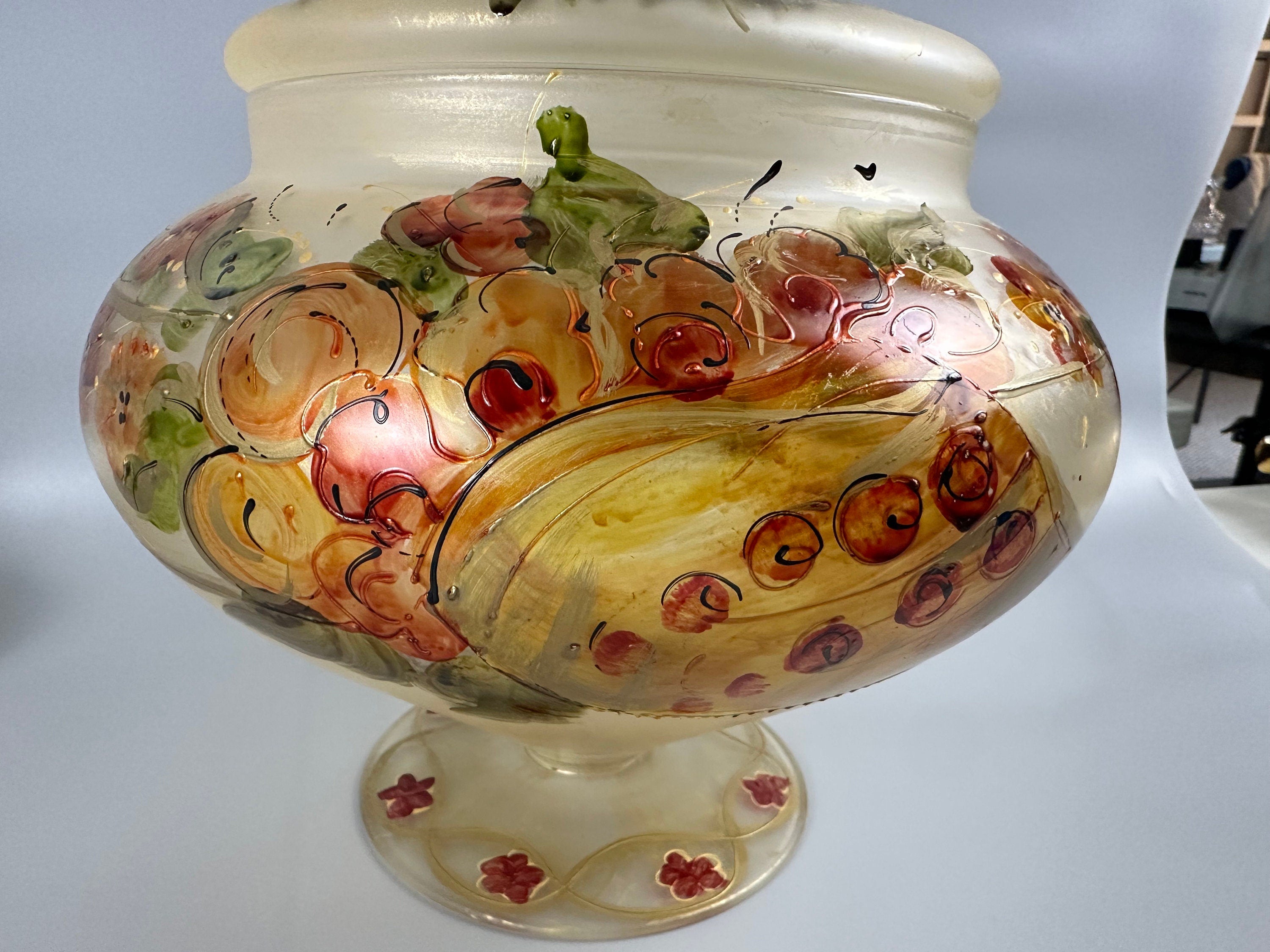 Vintage Large Murano Frosted Satin Glass With Hand Painted Flowers