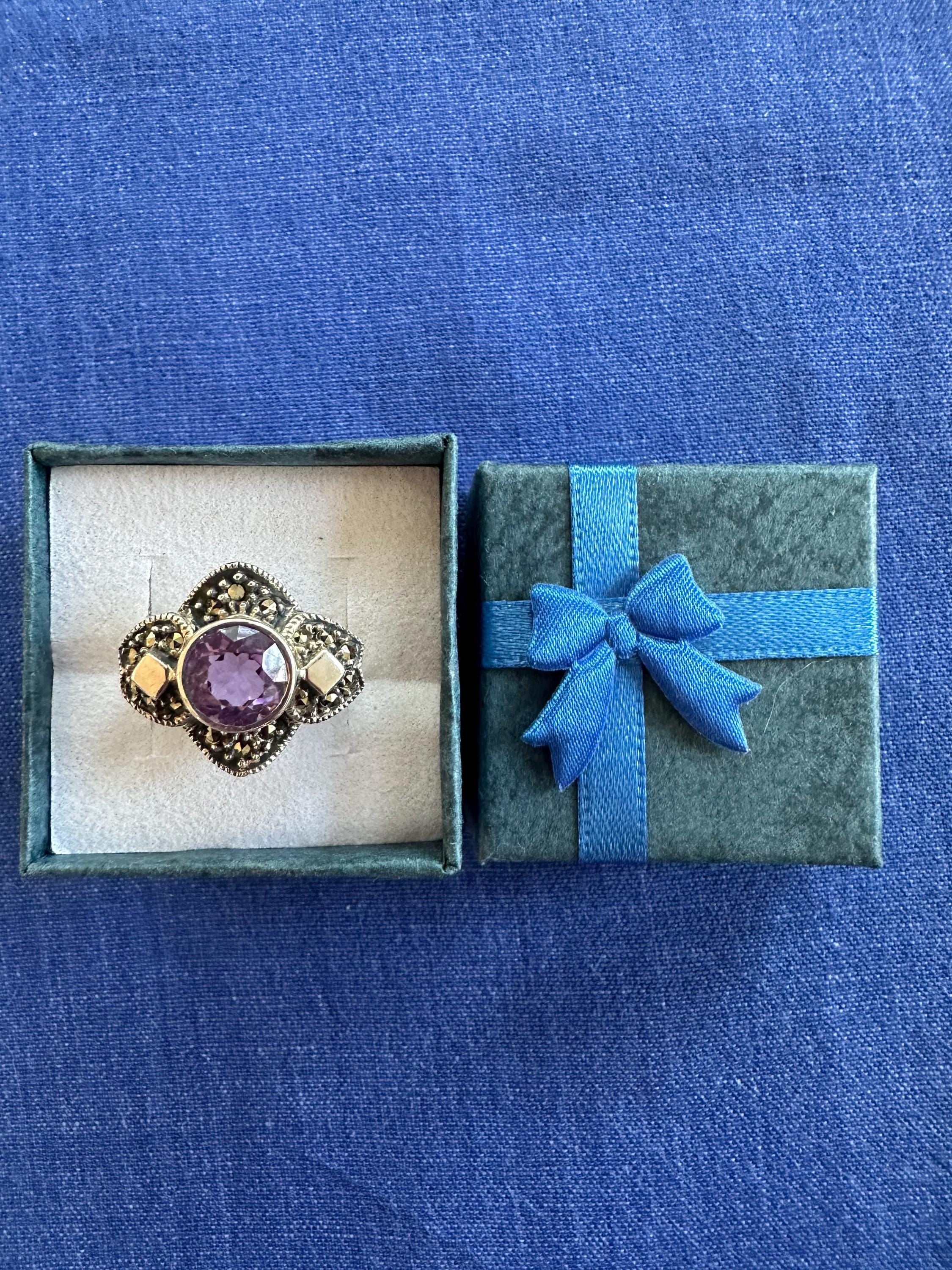 Vintage Sterling Silver Amethyst Marcasite Ring