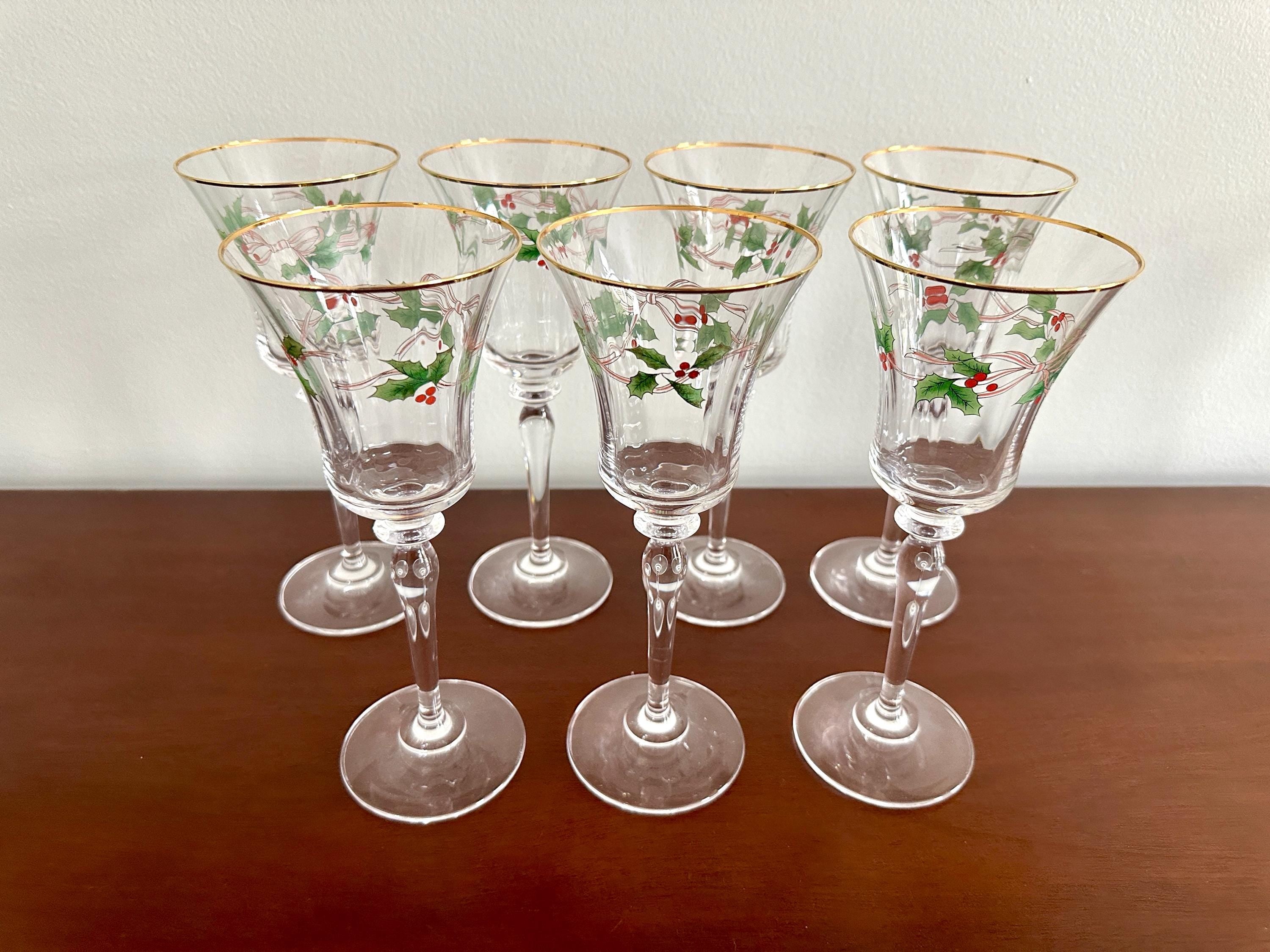 7 Mikasa Ribbon Holly Crystal Water Goblets