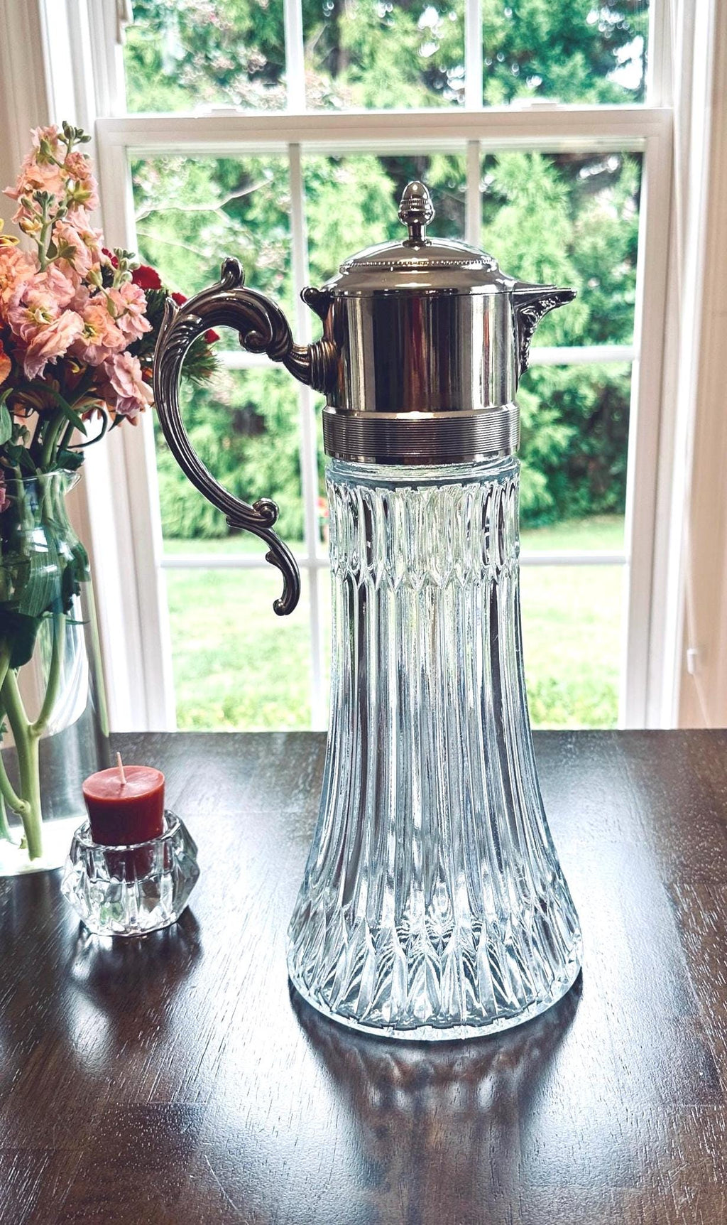 Tall Claret Decanter Glass and Silver Plate
