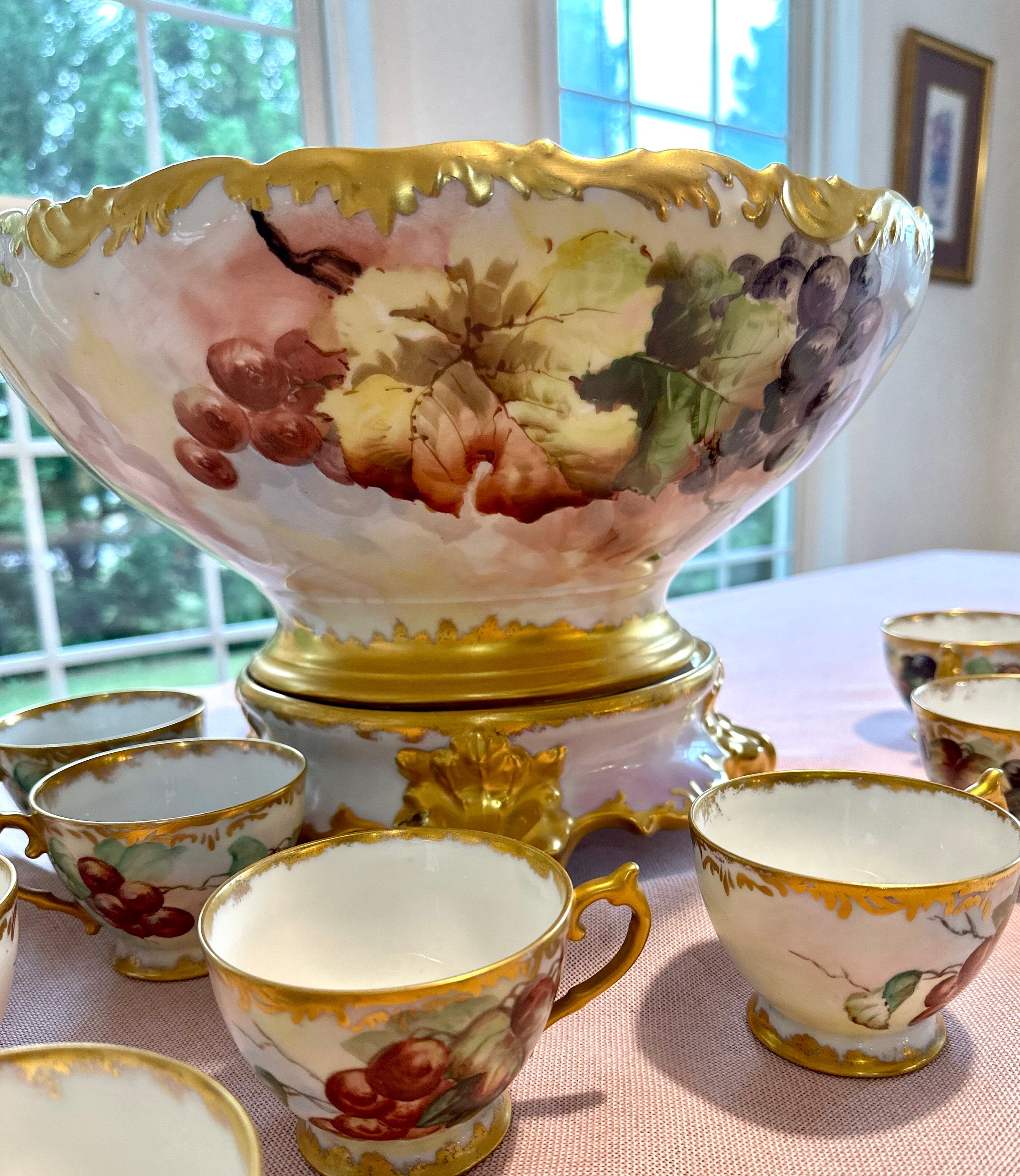 Sale-Stunning Antique Limoges Hand-painted Punchbowl Set