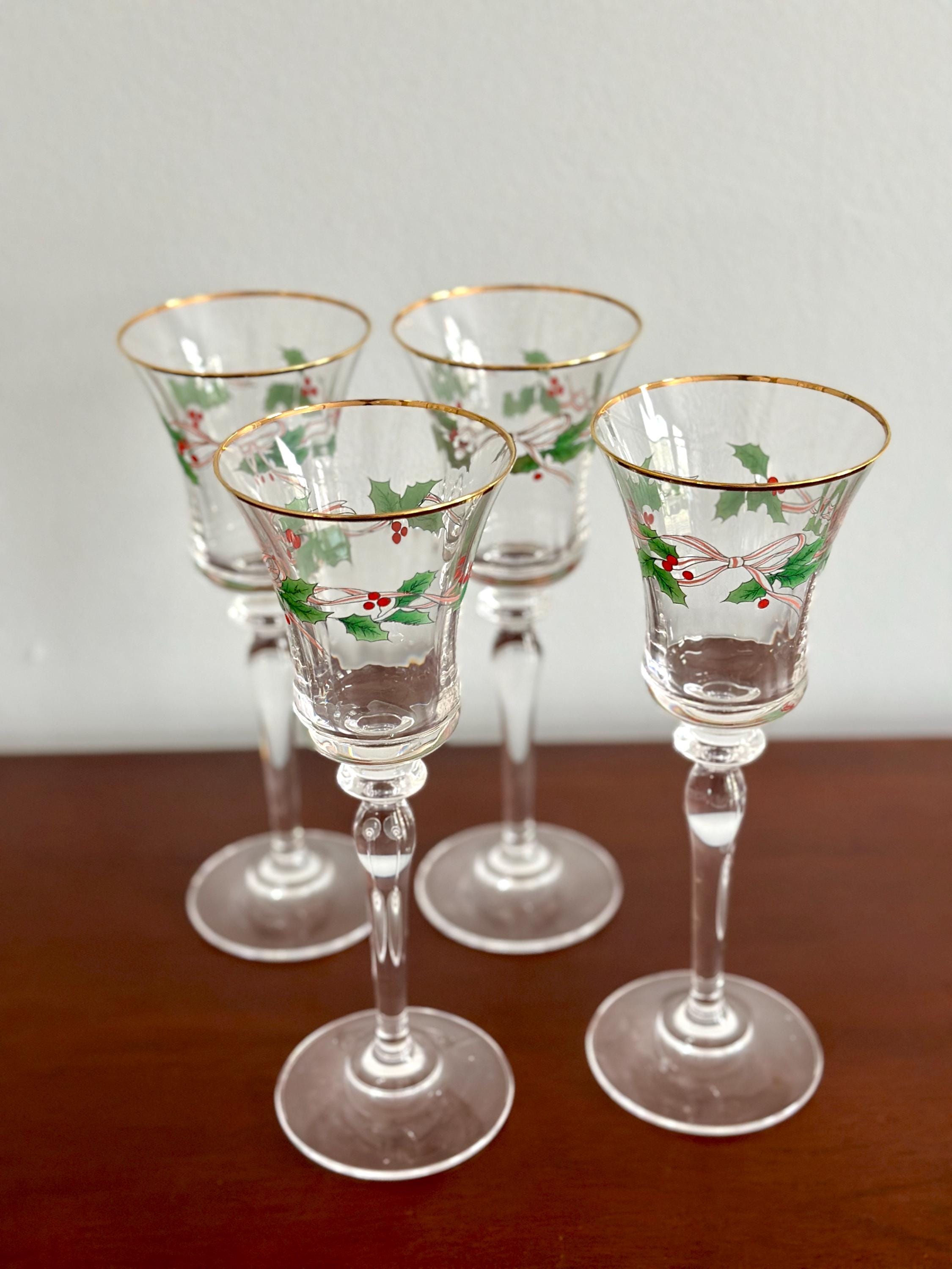 4 Mikasa Crystal Ribbon and Holly Wine Glasses