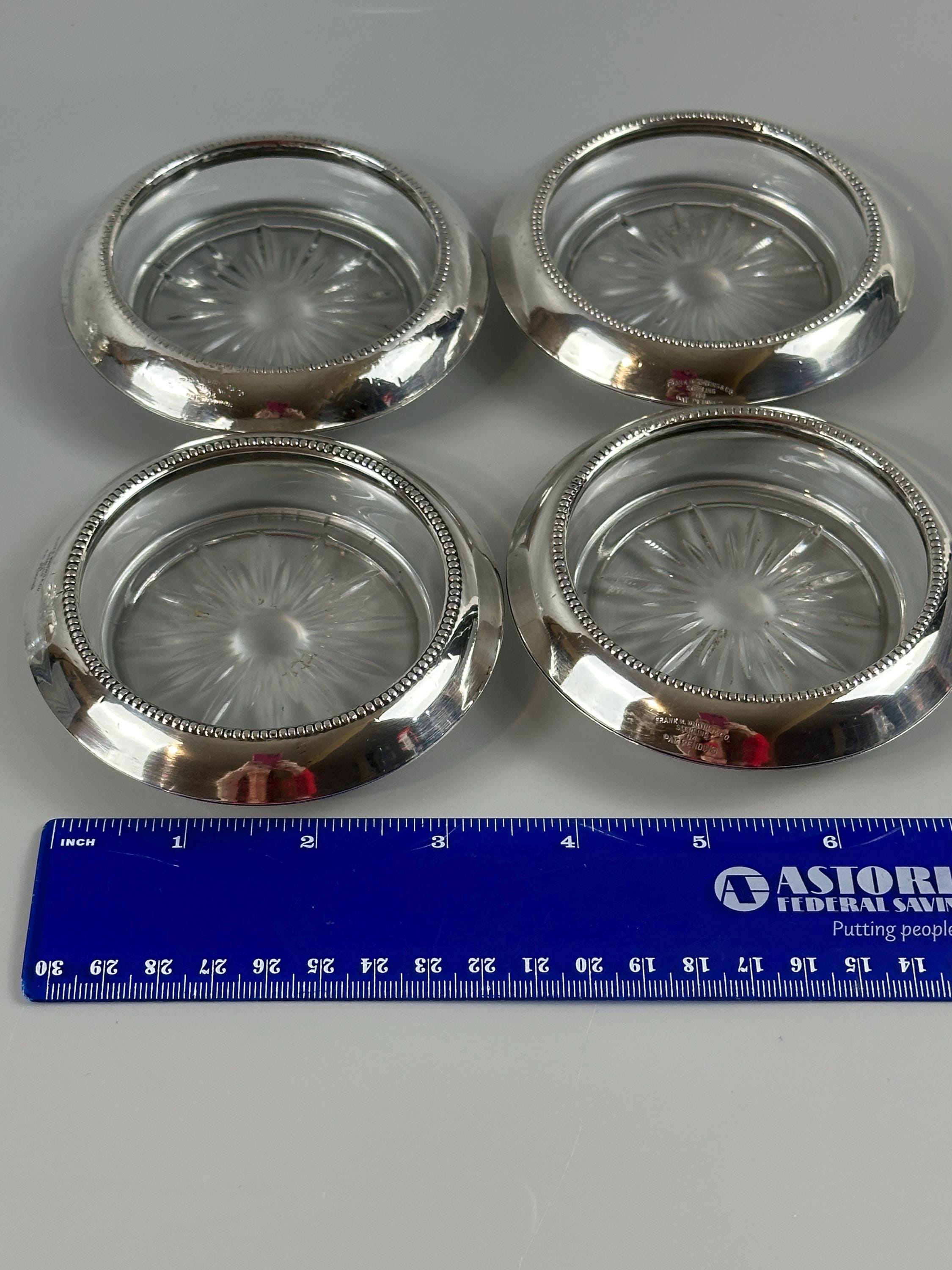4 Antique Whiting Silver Sterling and Glass Coasters
