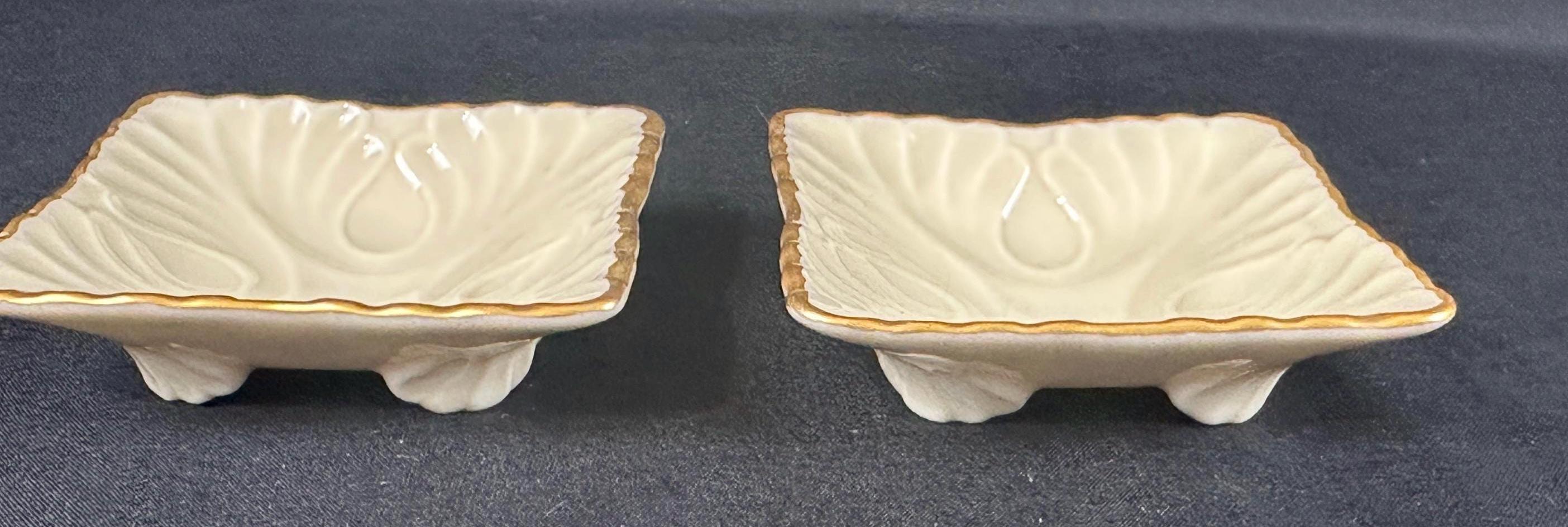 2 Lenox Ivory and Gold Sculpted Trinket Dishes