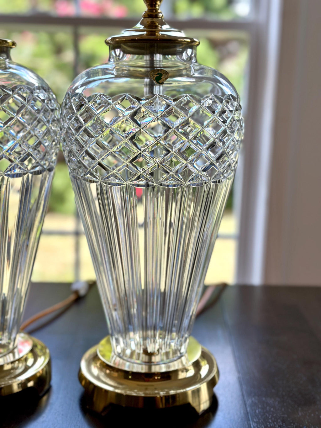 Pair of Waterford Belline Crystal and Brass Tall Lamps 30”